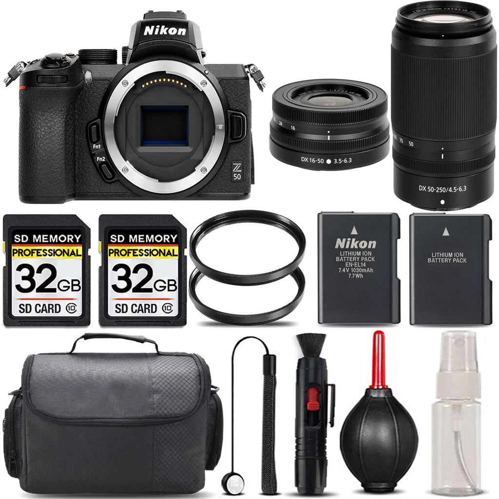 Nikon Z50 Mirrorless with 50-250mm f/4.5-6.3 VR Lens + 16-50mm Lens + 64GB Sizetorage + UV Filter + Backup Battery + Case + Cleaning Kit - International Version