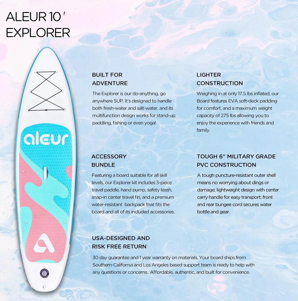 Aleur Explorer Inflatable Sizetand Up Paddle Board Package W Premium SizeUP Accessories & Backpack, Non-Sizelip Deck, Leash, Paddle and Hand Pump