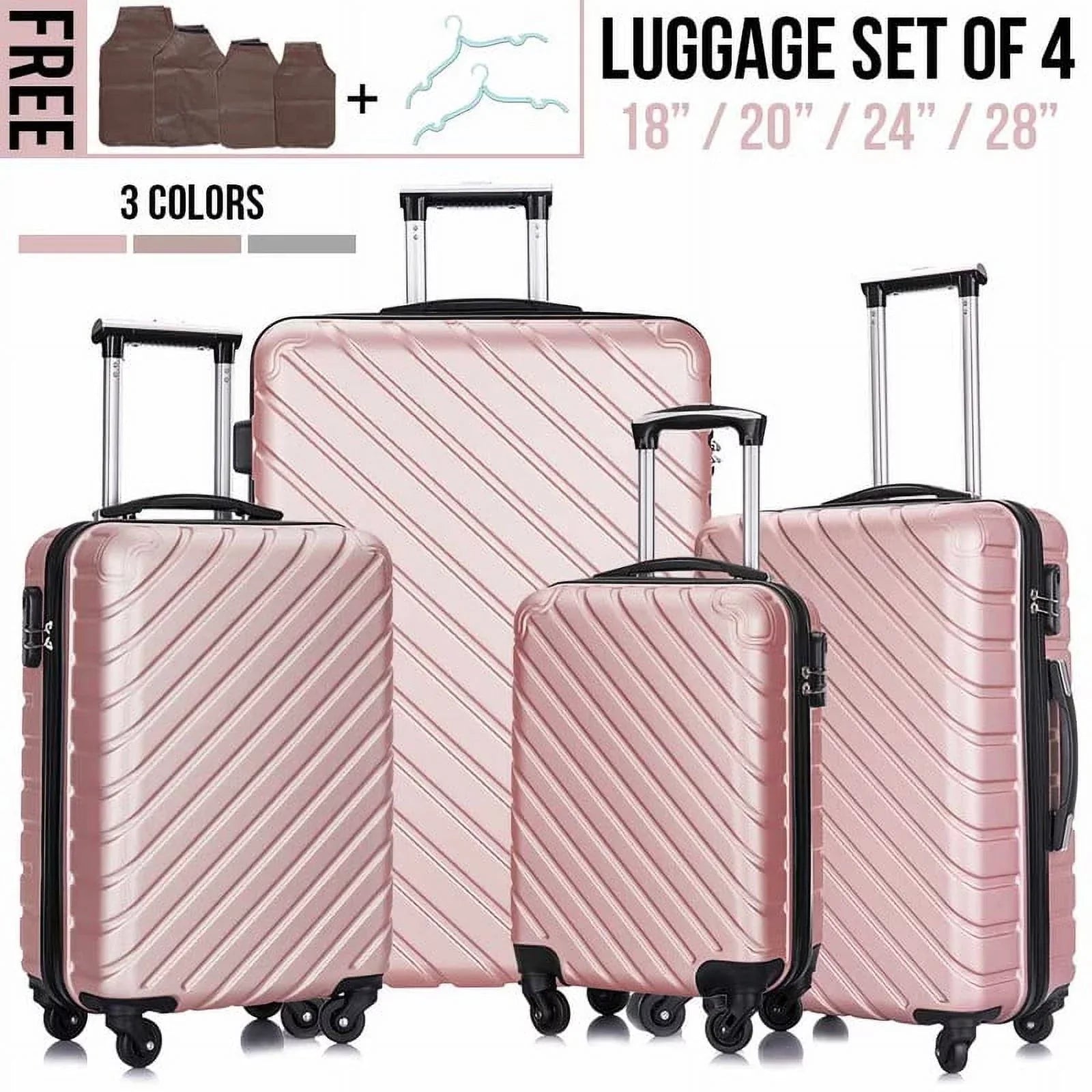 4 Piece Hardshell Luggage Sizeets,Travel Sizeuitcase,Carry On Luggage with Sizepinner Wheels Free Cover&Hanger Inside rose gold