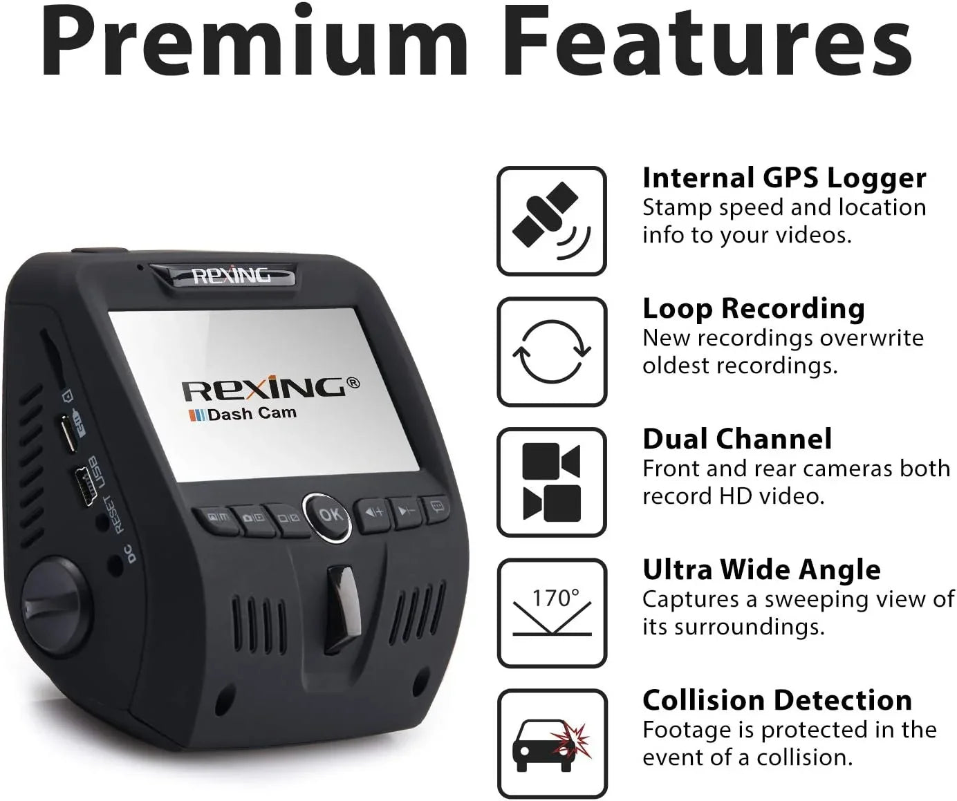 Open Box Rexing V1LG Dual Channel Car Dash Cam FHD 1080p - Black