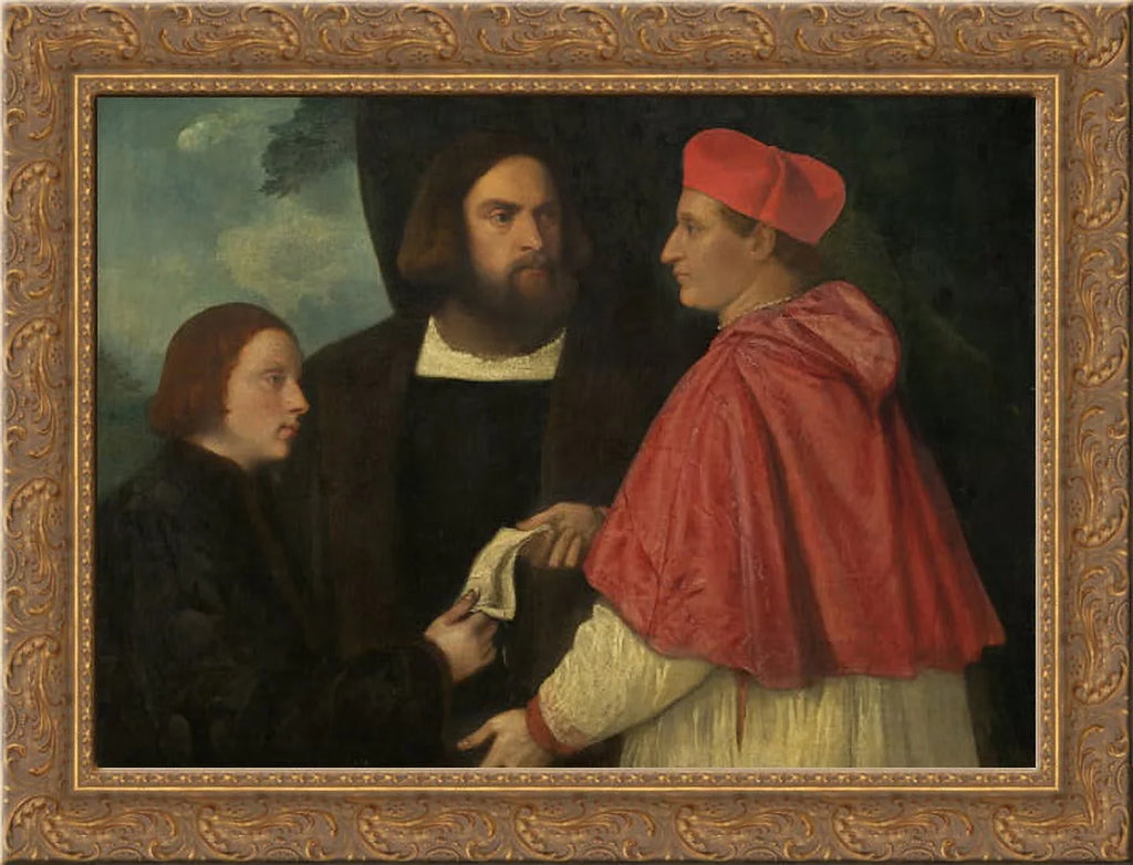 Girolamo and Cardinal Marco Corner Investing Marco, Abbot of Carrara, with His Benefice 24x18 Gold Ornate Wood Framed Canvas Art by Titian