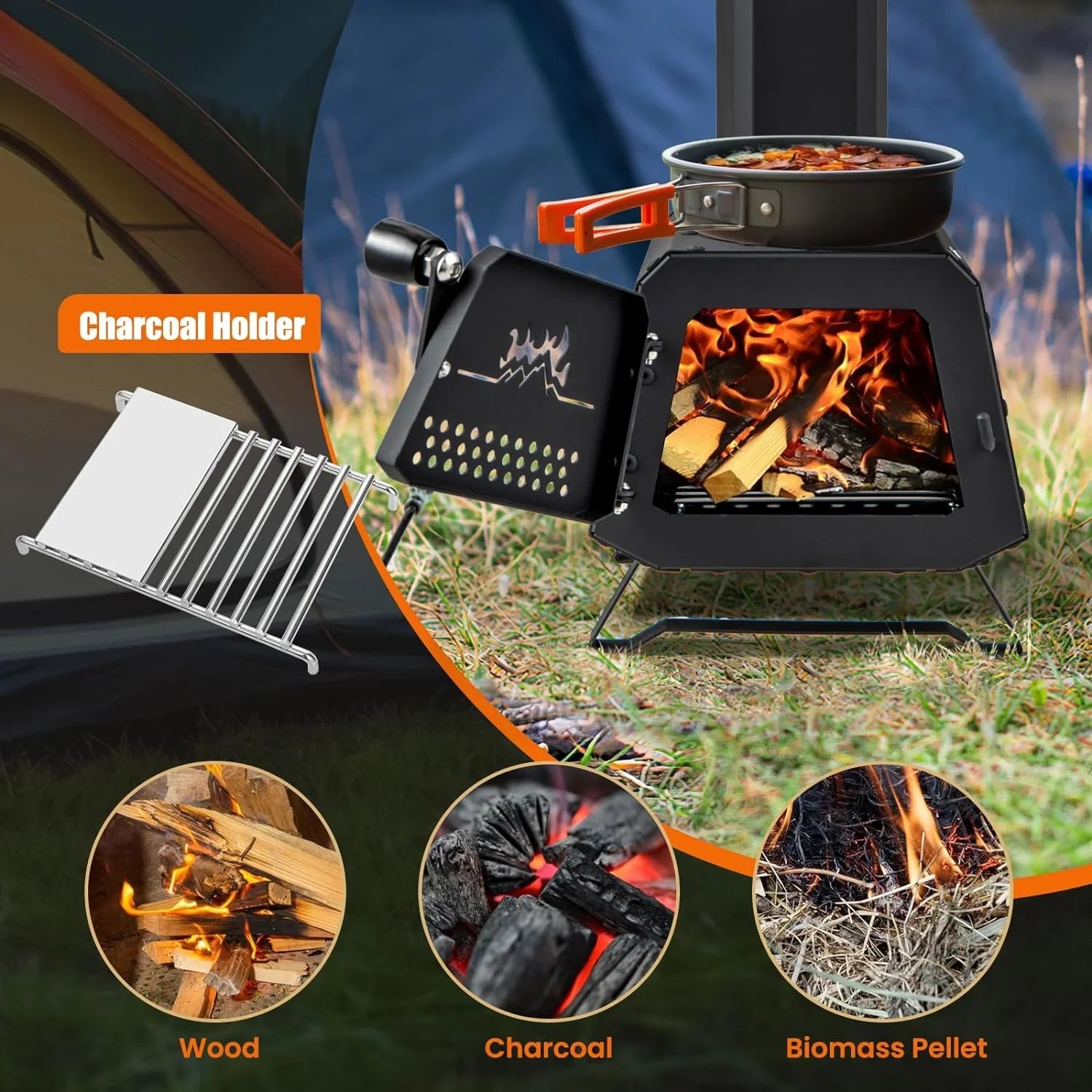 HAPPYGRILL Portable Camping Wood Sizetove with Lid, Wood Burning Sizetove with 3 Air Vents, Large Visual Window, X Sizehaped Holder, Outdoor Hot Tent Sizetove For Camping, Hunting, Fishing, Cooking