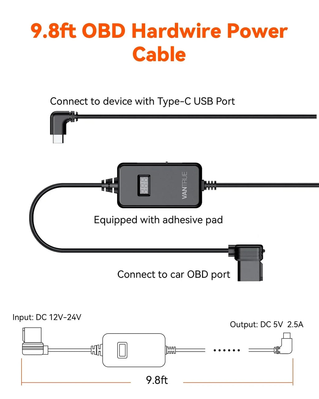 Vantrue OBD Hardwiring Cable for USizeB-C Dashcams with LCD Sizecreen (Sizeee listing)