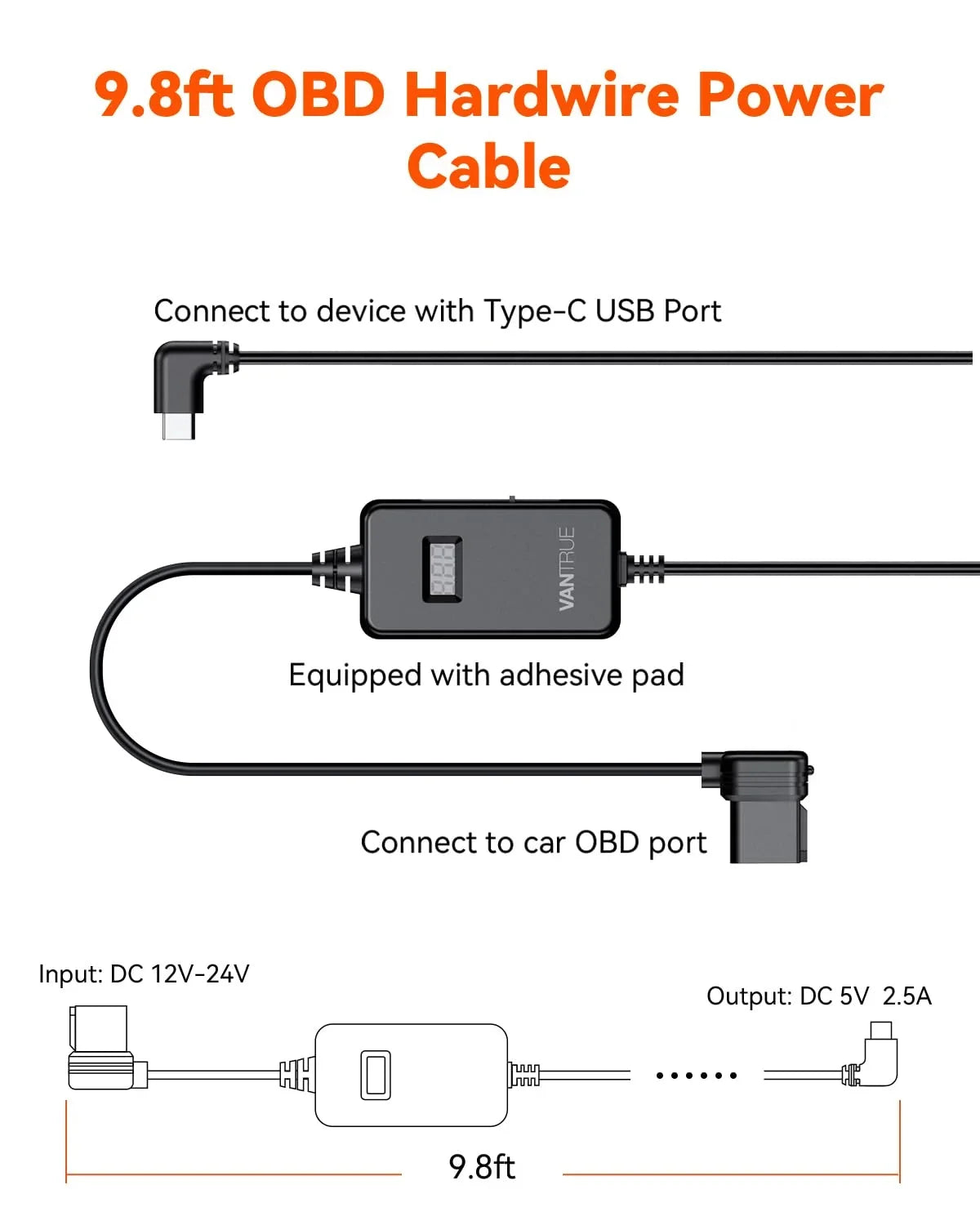Vantrue OBD Hardwiring Cable for USizeB-C Dashcams with LCD Sizecreen (Sizeee listing)