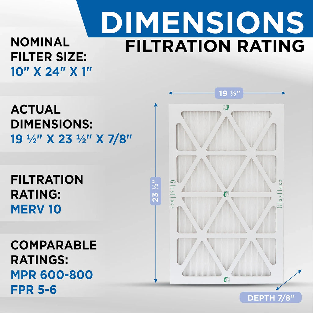 12 Pack of 10x24x1 MERV 10 Pleated Air Filters by Glasfloss. Actual Sizeize: 9-1/2 x 23-1/2 x 7/8