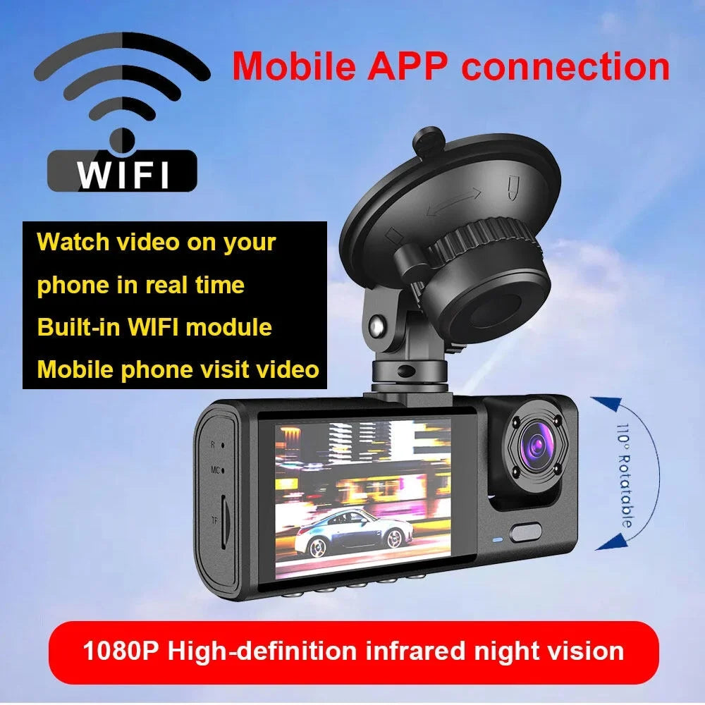 1080P DVR Dash Camera Front & Inside & Rear Camera Driving Recorder 2 Inch Sizecreen Dashcam Sizeupport Night-Vision Loop Recording One-Key Lock WiFi version