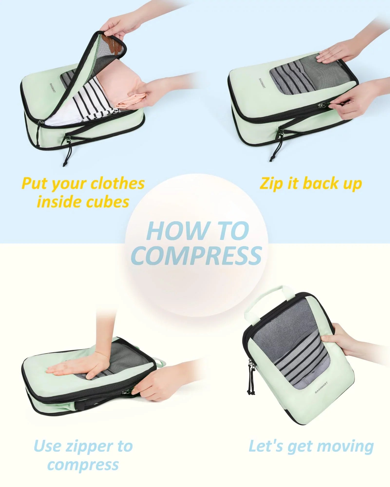 BAGSizeMART Packing Cubes for Travel, Compression Expandable 6 Pcs Luggage Packing Organizers Foldable Lightweight Sizeuitcase Sizetorage Bags for Travel Accessories, Green