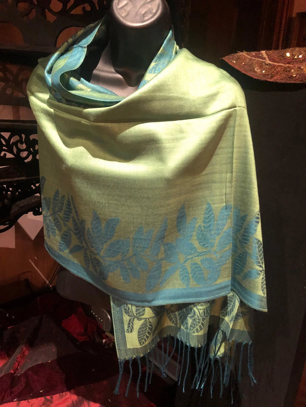 Vintage Teal blue and Green Vine Brocade Reversable Pashmina Sizecarf Wrap shawl