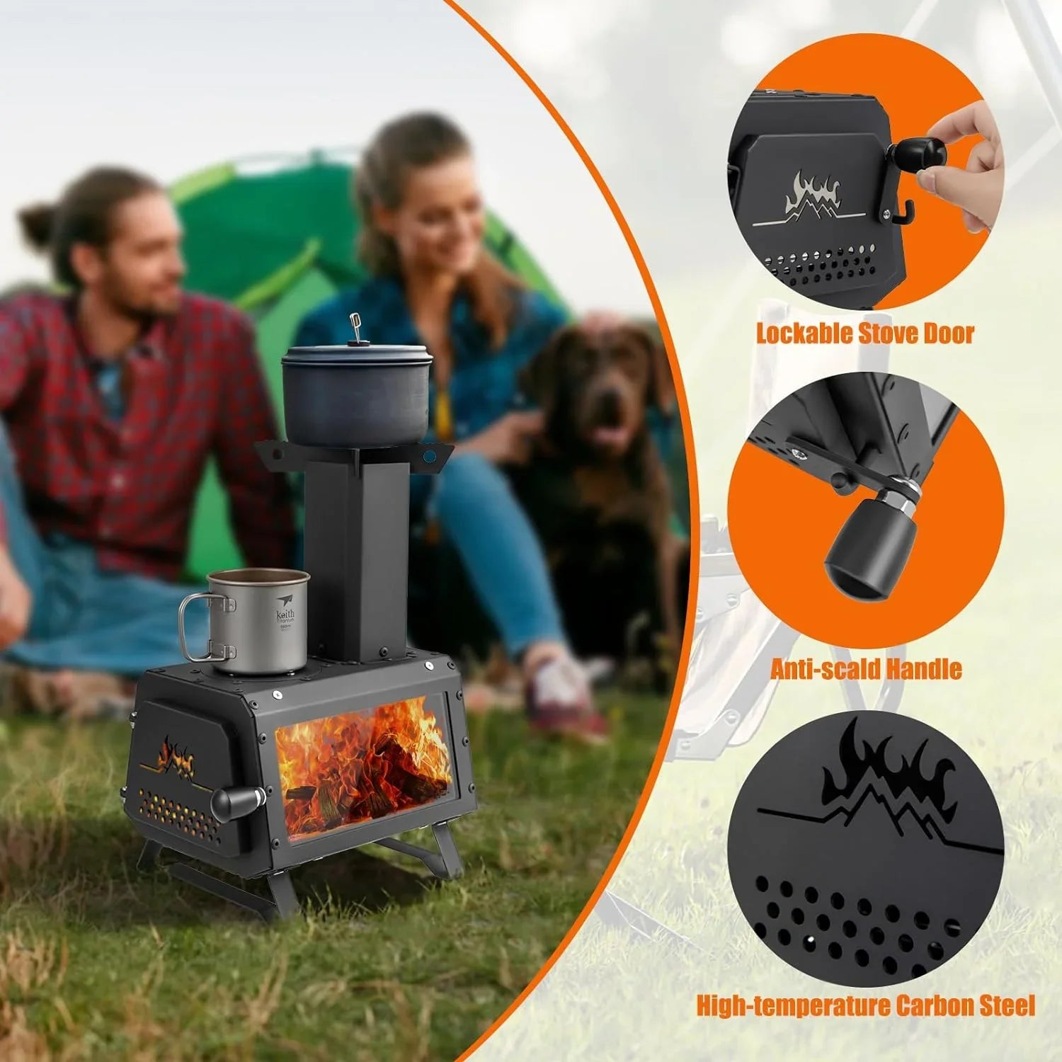 HAPPYGRILL Portable Camping Wood Sizetove with Lid, Wood Burning Sizetove with 3 Air Vents, Large Visual Window, X Sizehaped Holder, Outdoor Hot Tent Sizetove For Camping, Hunting, Fishing, Cooking