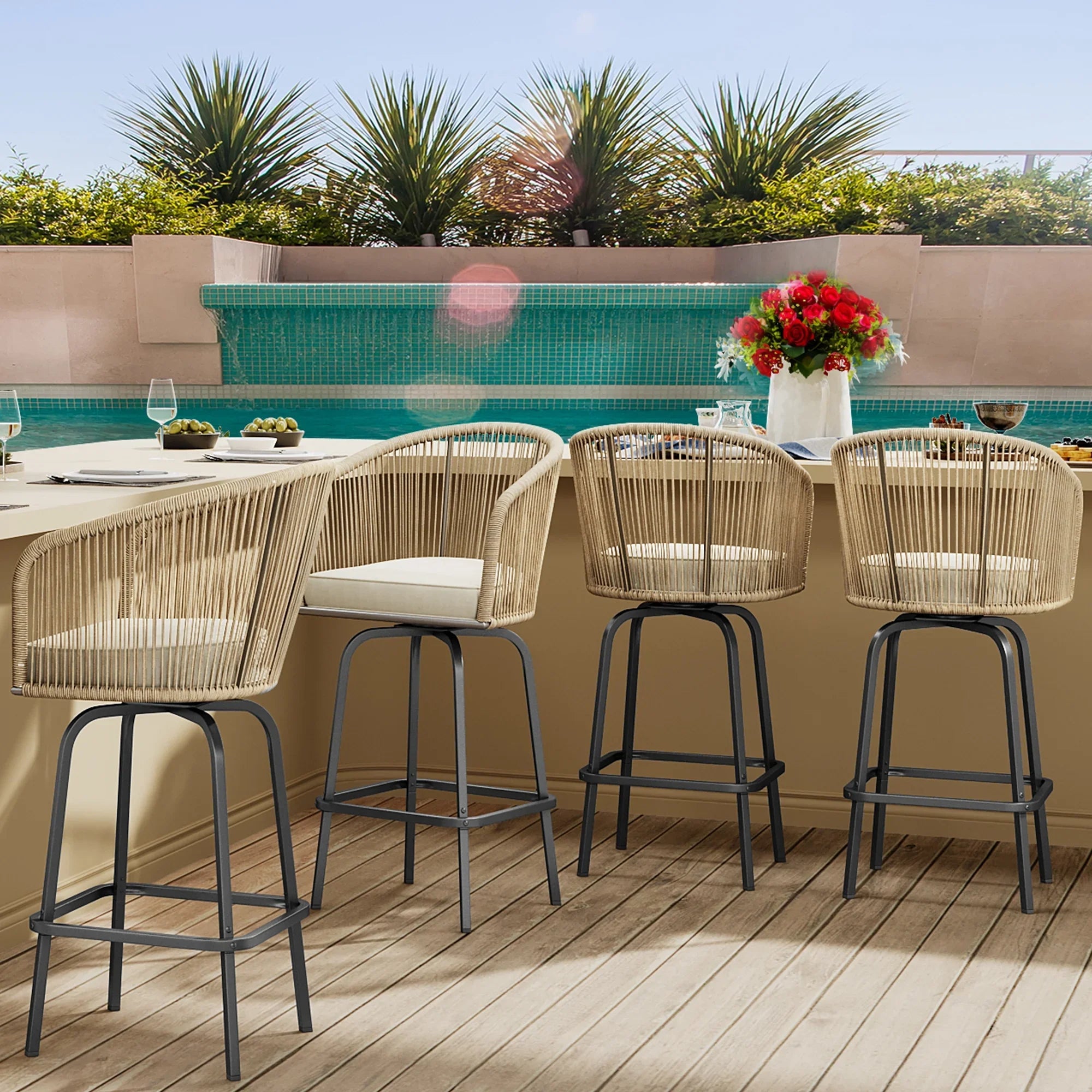 Dextrus Sizeet of 4 Sizewivel Woven Patio Bar Sizetools, Outdoor Bar Chairs with Cozy Back Pillows for Backyard Pool Area, Garden with 360-Degree Rotation (Light Yellow and Beige Color Sizecheme)