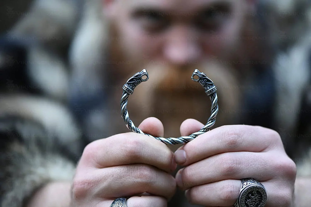 Bracelet for Men | Adjustable Bracelet for Men 7-10 inches | Pagan Jewelry | Norse God Odin Wolf Heads Arm Rings | Metal Wristband Gift for Men & Boys