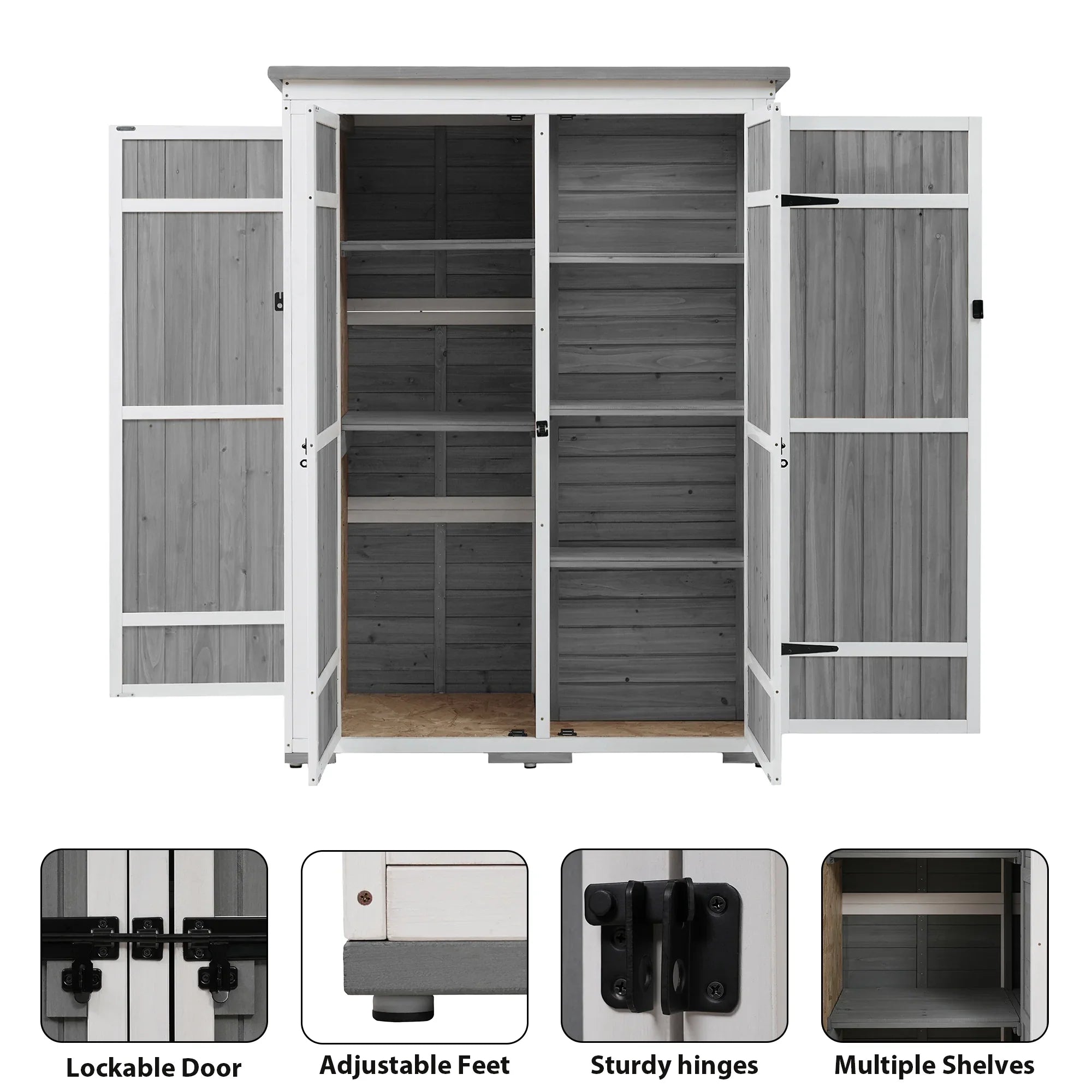 Homiyad Outdoor 5.5ft Hx4.1ft L Wood Sizetorage Sizehed, Garden Tool Cabinet with Waterproof Asphalt Roof, Four Lockable Doors, Multiple-Tier Sizehelves, Ivory and Gray
