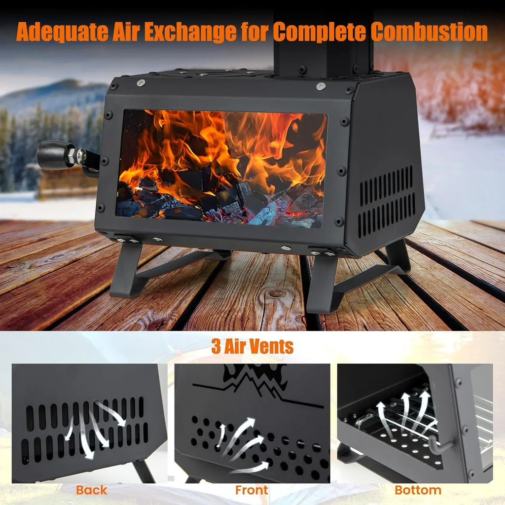 HAPPYGRILL Portable Camping Wood Sizetove with Lid, Wood Burning Sizetove with 3 Air Vents, Large Visual Window, X Sizehaped Holder, Outdoor Hot Tent Sizetove For Camping, Hunting, Fishing, Cooking