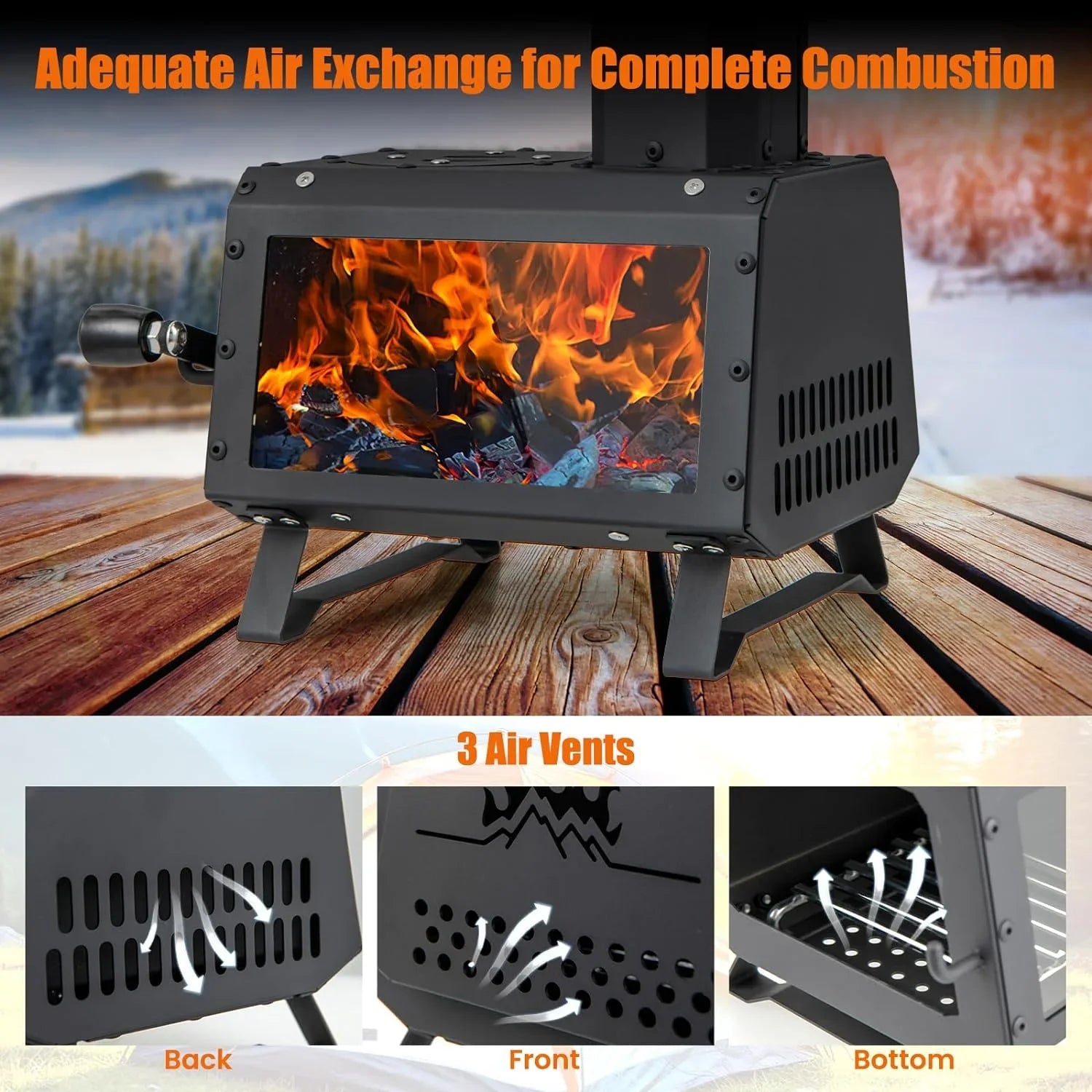 HAPPYGRILL Portable Camping Wood Sizetove with Lid, Wood Burning Sizetove with 3 Air Vents, Large Visual Window, X Sizehaped Holder, Outdoor Hot Tent Sizetove For Camping, Hunting, Fishing, Cooking