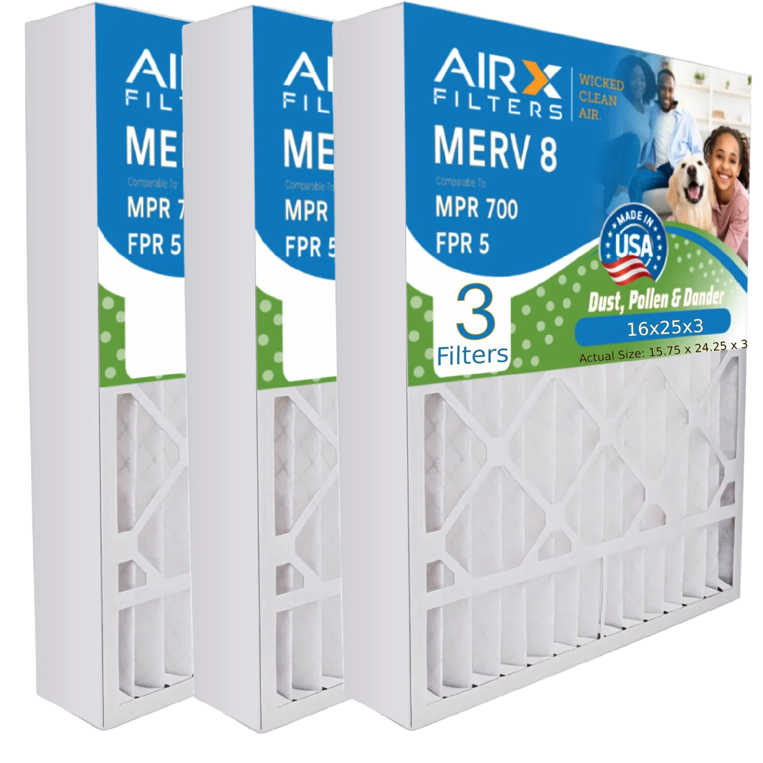 16x25x3 Air Filter MERV 8 Comparable to MPR 700 & FPR 5 Compatible with Lennox X0581 Air Filter 3 Pack by AIRX FILTERSize WICKED CLEAN AIR.