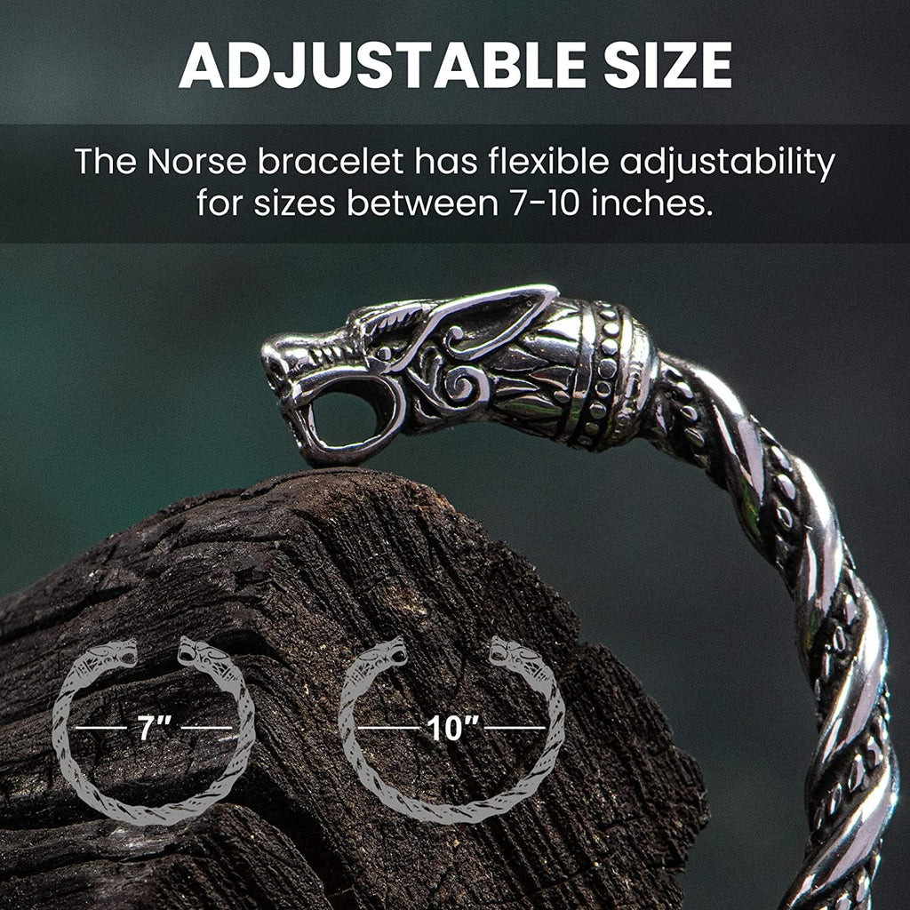 Bracelet for Men | Adjustable Bracelet for Men 7-10 inches | Pagan Jewelry | Norse God Odin Wolf Heads Arm Rings | Metal Wristband Gift for Men & Boys