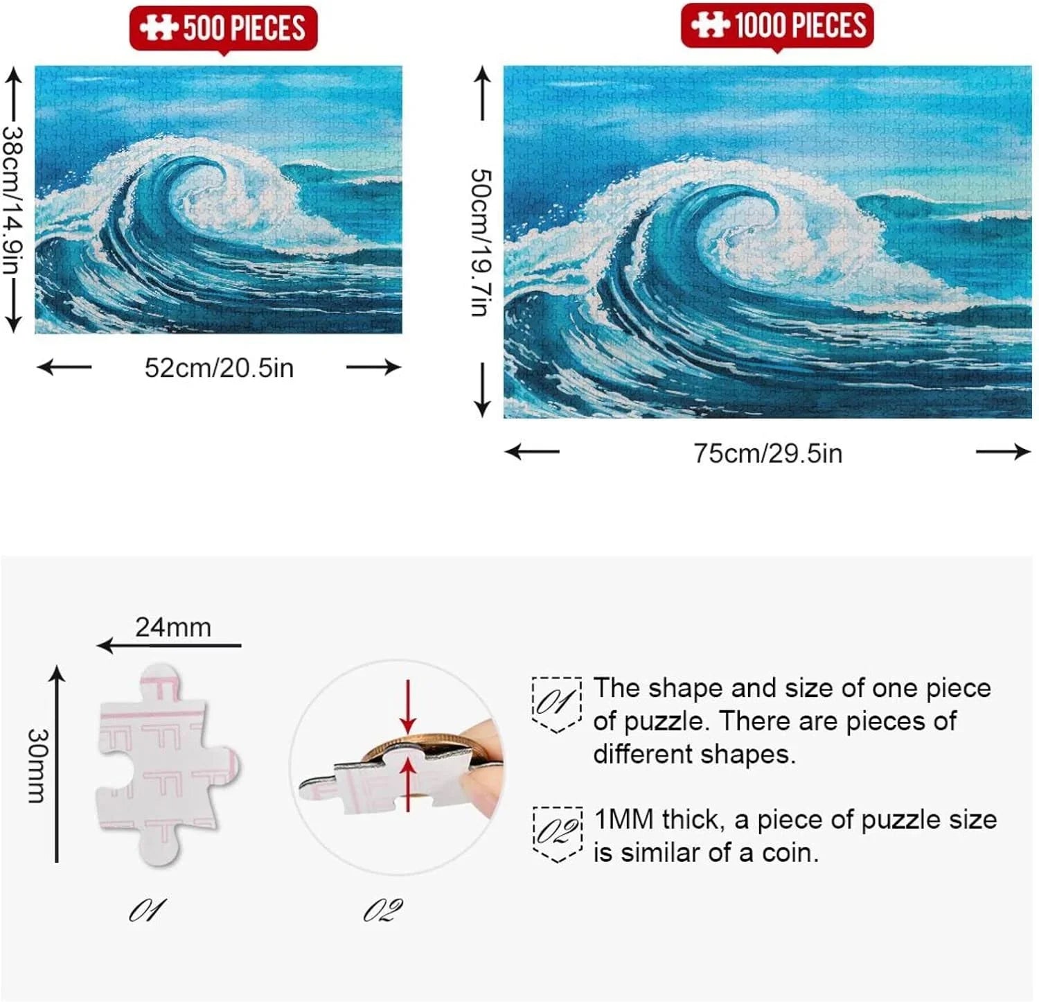 SizeKYSizeONIC Sizeea Waves (5) 1000 Pcs of Irregular Puzzle in a Box, Printed with Colored Letters on Back to Reduce Difficulty, a Happy Time of Cooperation,for Adults and Kids(20.5x14.9In)