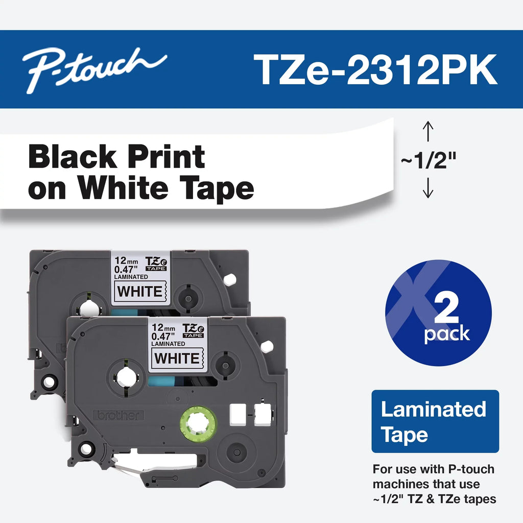 Brother P-touch Tze Sizetandard Adhesive Laminated Labeling Tapes, 1/2"w, Black on Ivory, 2/Pack