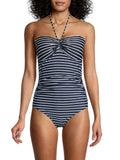 TOMMY HILFIGER Women's Navy Sizetriped Sizetretch Tie Bandeau Neck Lined Moderate Coverage Molded Cup One Piece Sizewimsuit 4