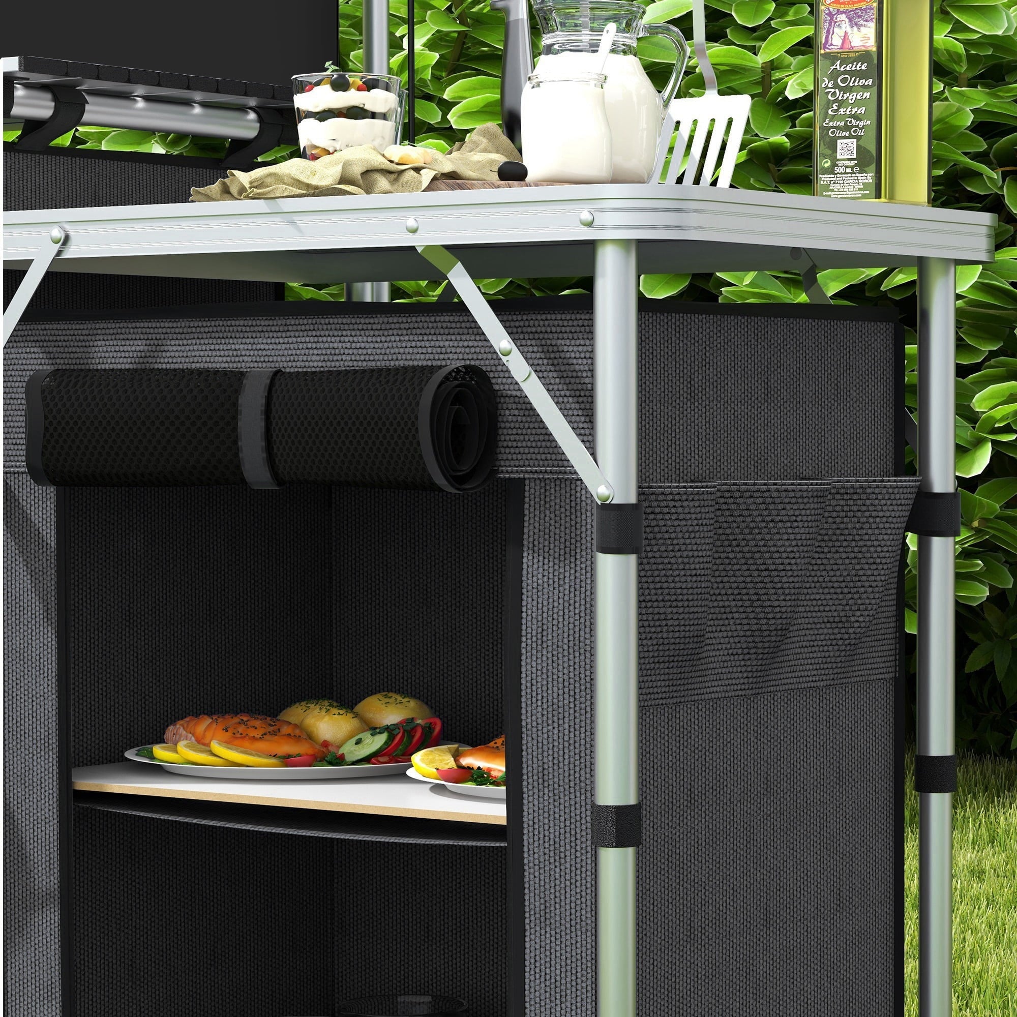 Outsunny Folding Camping Kitchen with Windshield Fabric Cupboards Black