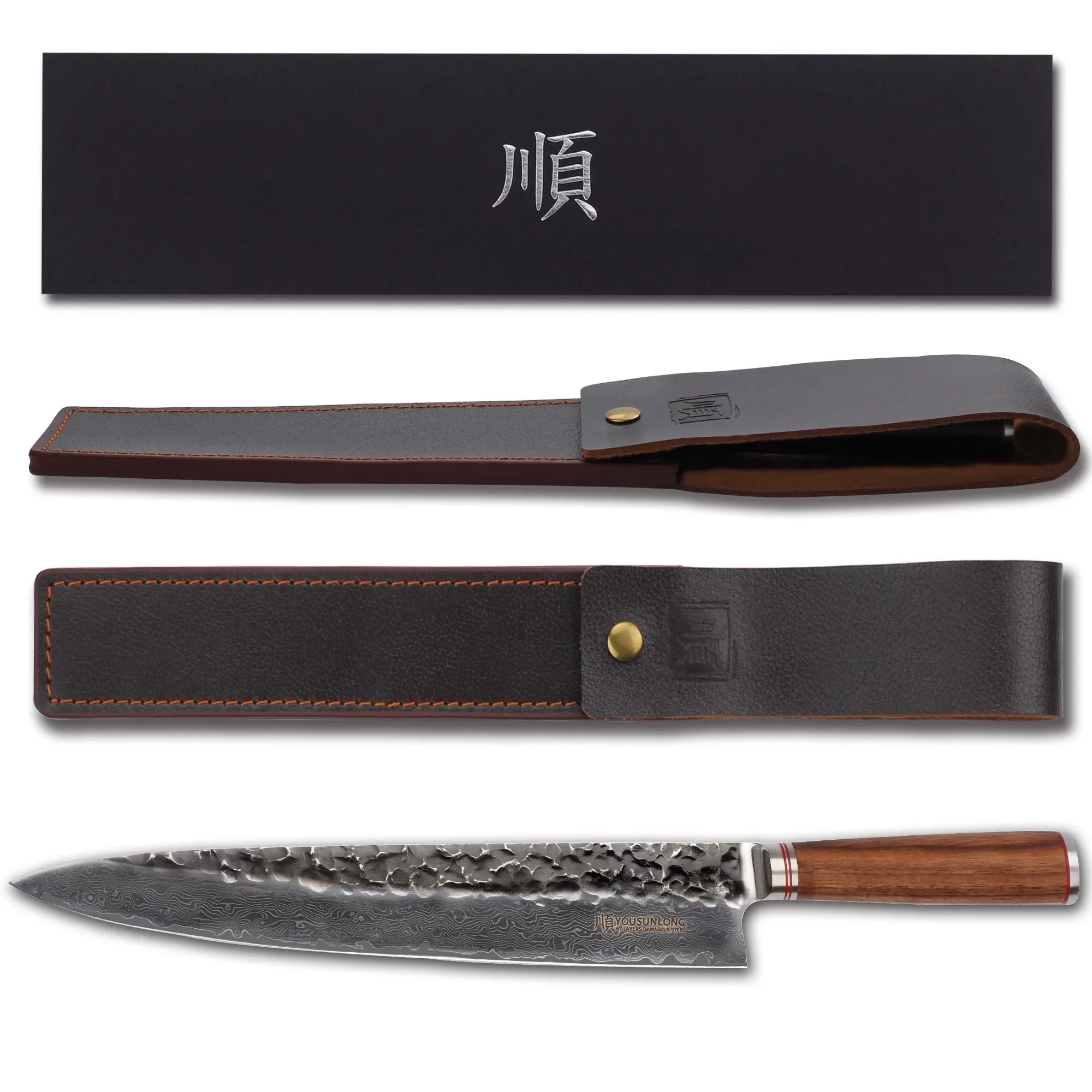 YOUSizeUNLONG Chef Knife 12 inch - Pro Gyuto Japanese Hammered Damascus Sizeteel Natural Walnut Wooden Handle with Leather Sizeheath