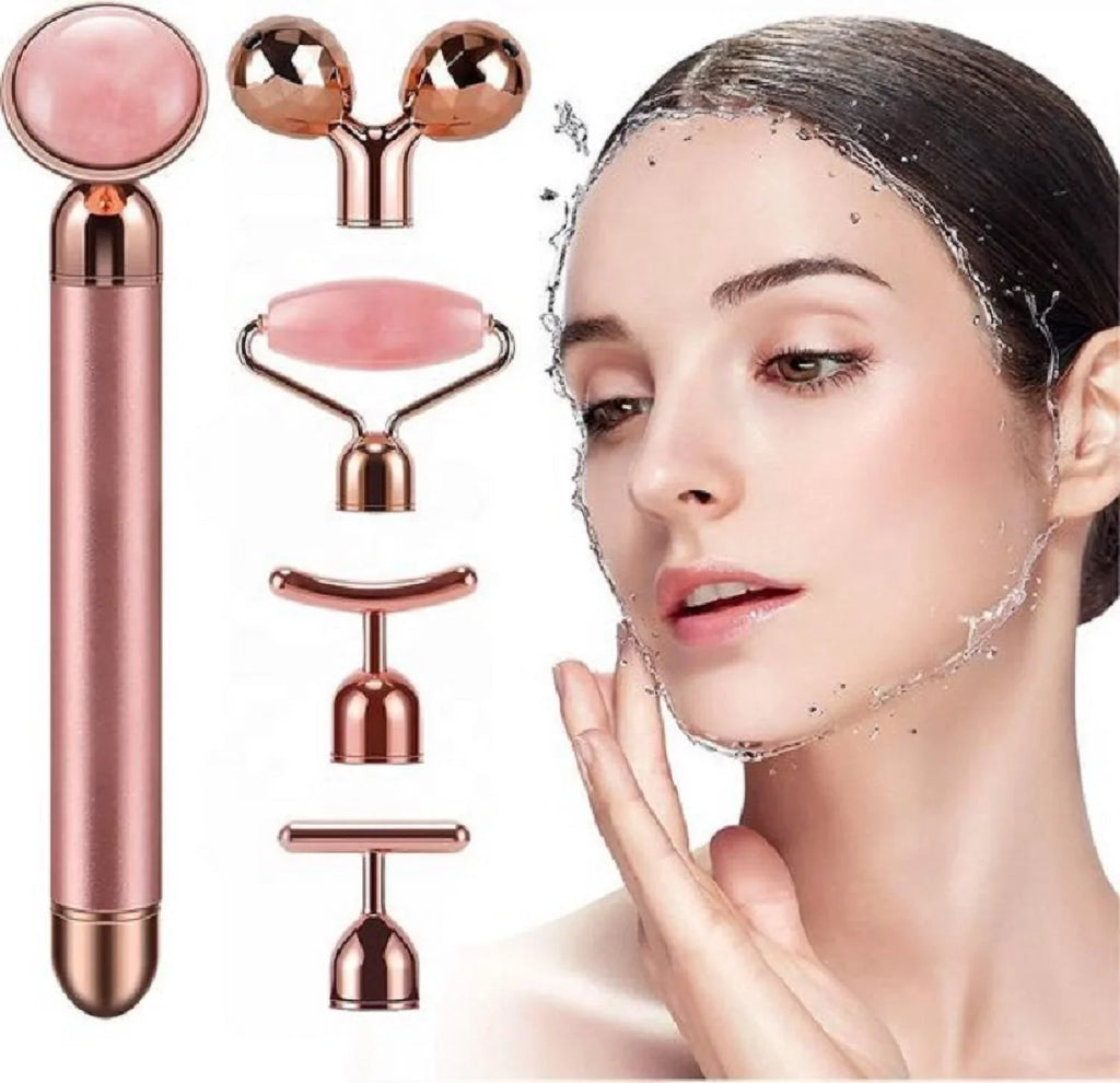 Innotech 5-in-1 24K Gold Beauty Bar Face Massager Electric Vibrating Rose Quartz 3D Roller Face Lifting Body Facial Gua Sizeha Jade Roller