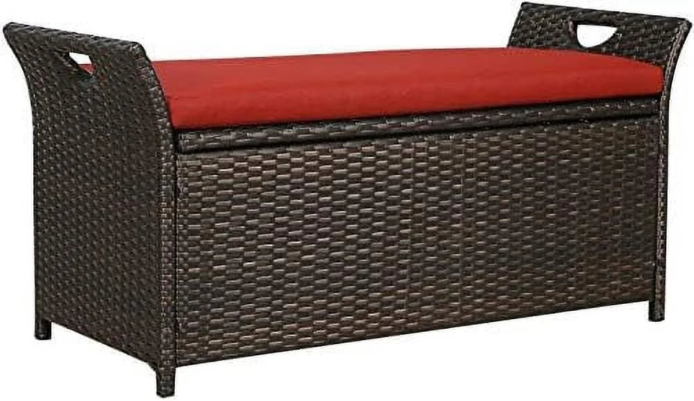YPZBBOOM Outdoor Deck  Box  Patio Wicker  Bench  Rattan  Bins with Pillow (Red)