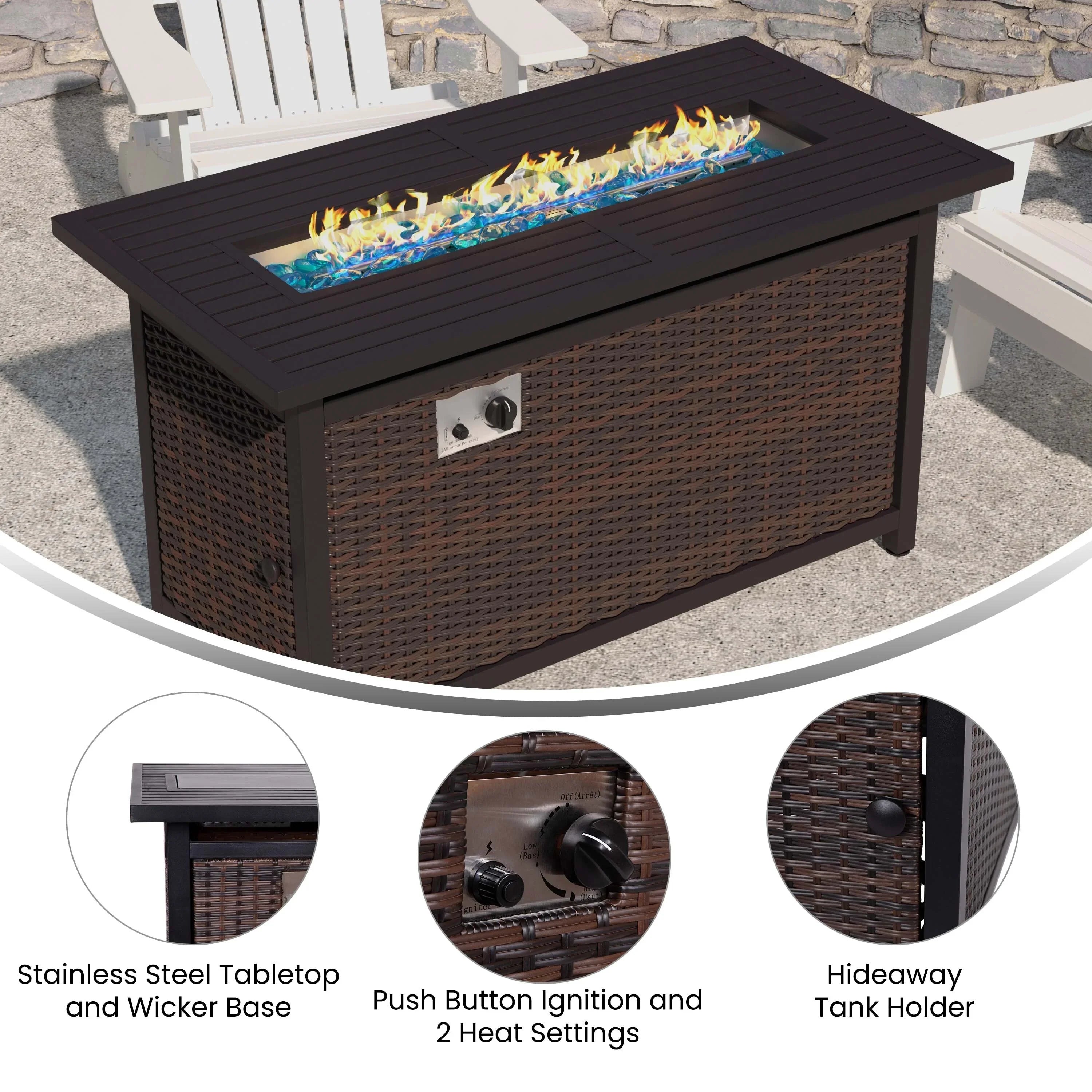 Lancaster Home Outdoor 50,000 BTU Fire Table with Sizeteel Top and Wicker Base