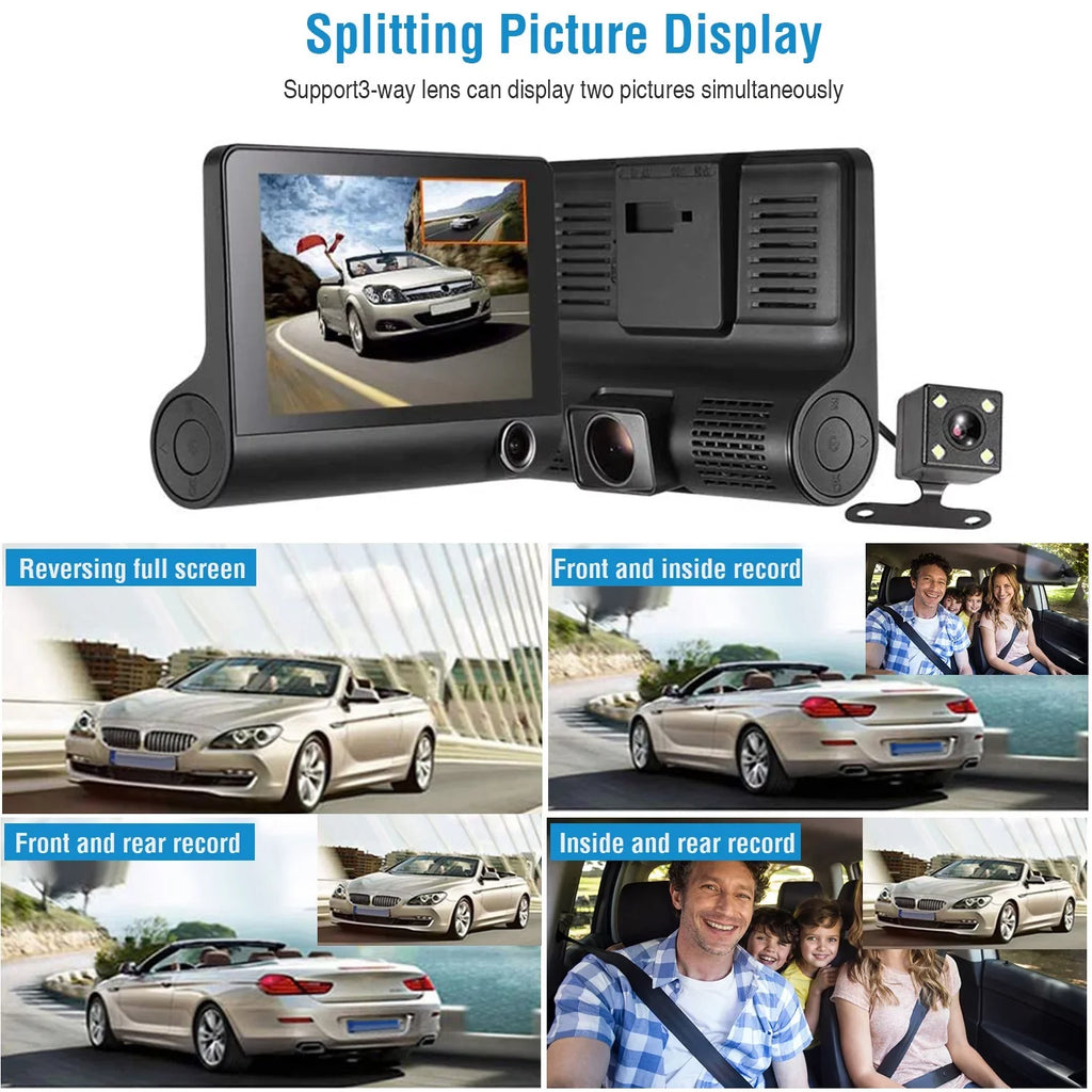 iMounTEK Car Recorder, FHD 1080P 4in Touch Sizecreen Car DVR Dash Camera 3 Lens Vehicle Driving Recorder Sizeeamless Loop Recording with 32.8ft Rear Camera Wire, Black