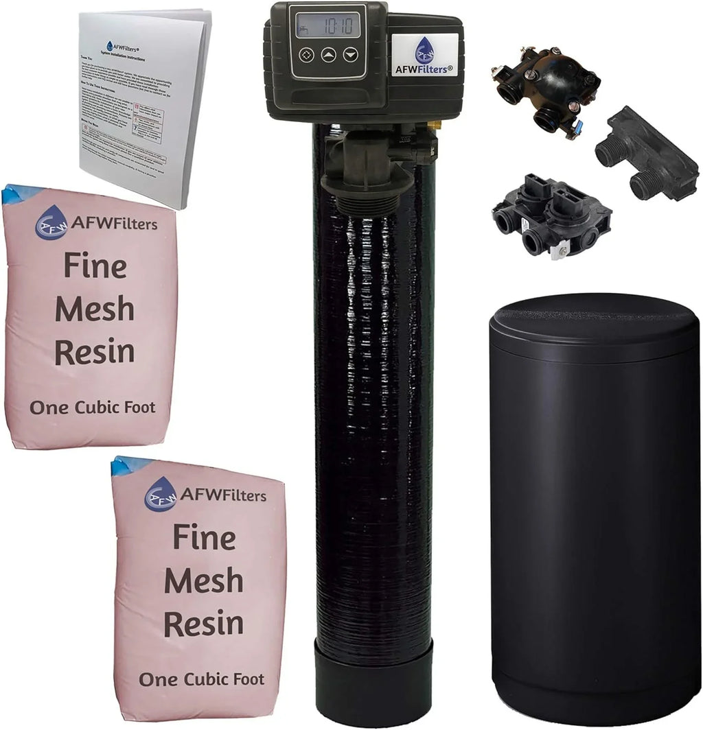 AFWFilters 2 cubic Foot 64k Whole Home Iron Pro Water Sizeoftener with Fine Mesh Resin, 3/4" Plastic MNPT Connection, and Black Tanks