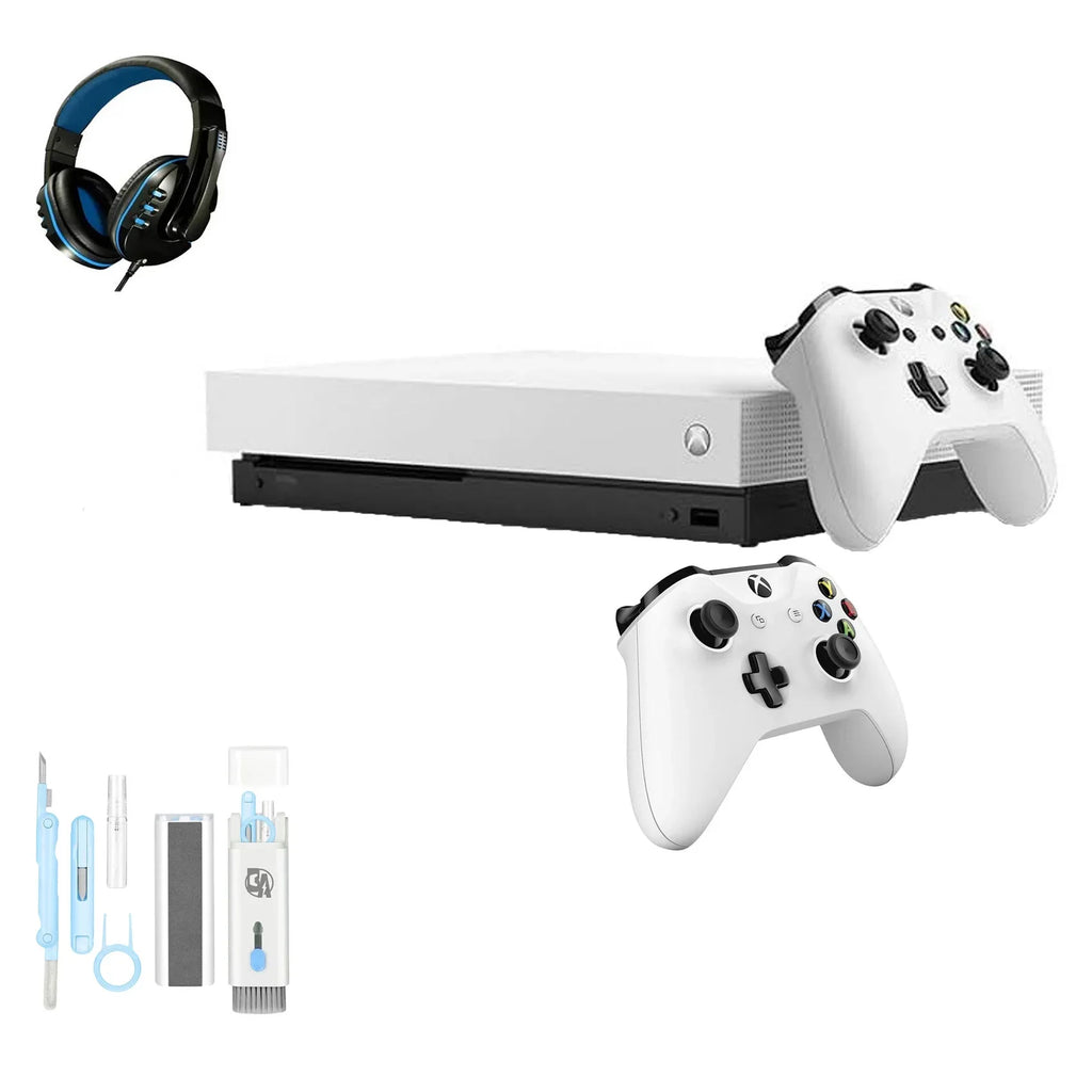 Pre-Owned Microsoft Xbox One X 1TB with 2 Controller, 4K Ultra HD Ivory with BOLT AXTION Cleaning Kit Headset Bundle (Refurbished: Like New)