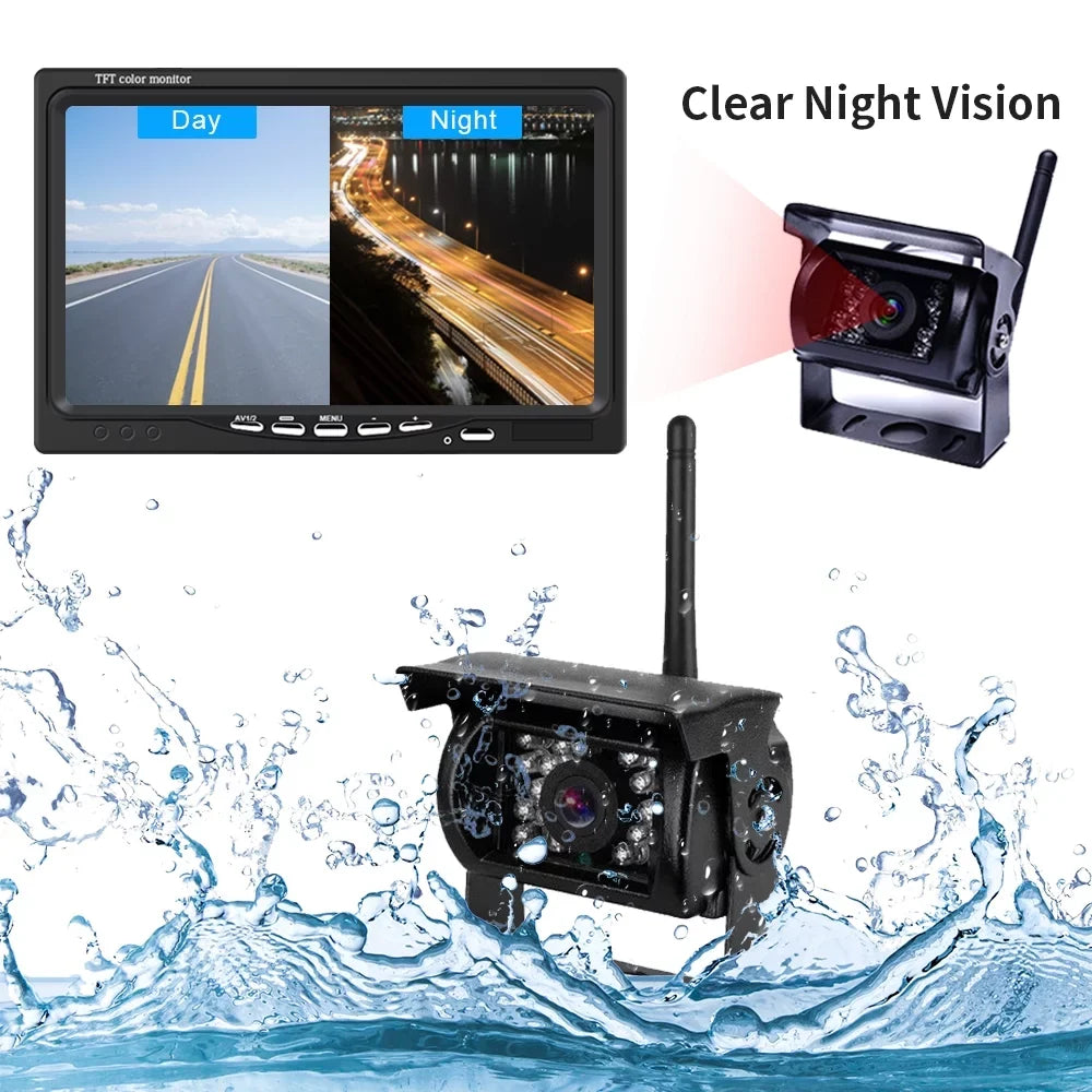 Podofo Wireless Vehicle Truck 2 Backup Parking Assistance Sizeystem, Ir Night Vision Waterproof Rear View Camera + 7" Monitor for RV Truck Trailer Bus