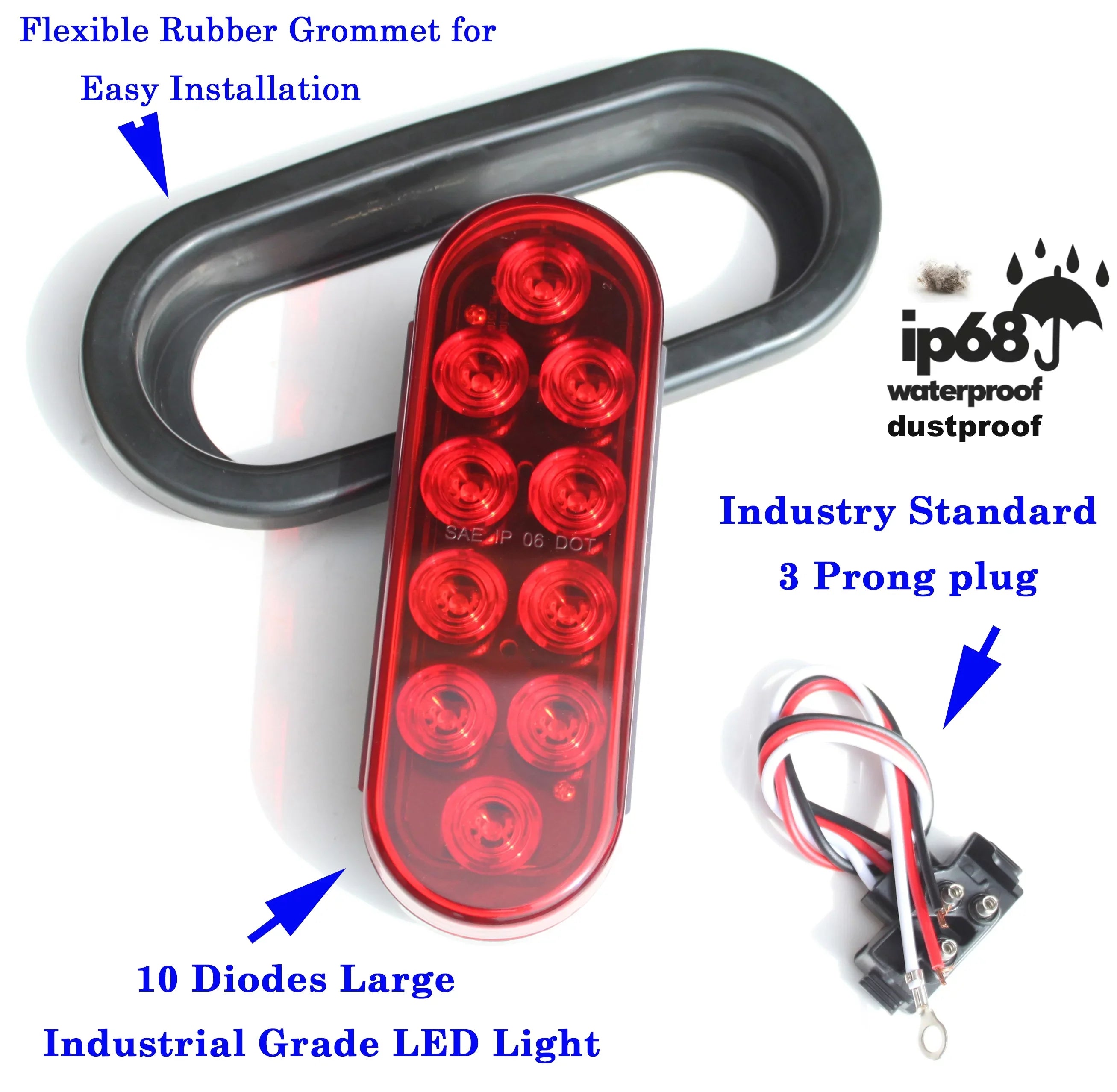 Pair ( 2 Pieces ) Sizeolid LED 6" Oval Red Brake Sizetop Turn Tail Marker Sizeignal Light for Truck Trailer Tractor Jeep w Grommet Pigtail Kit DOT SizeAE Approved