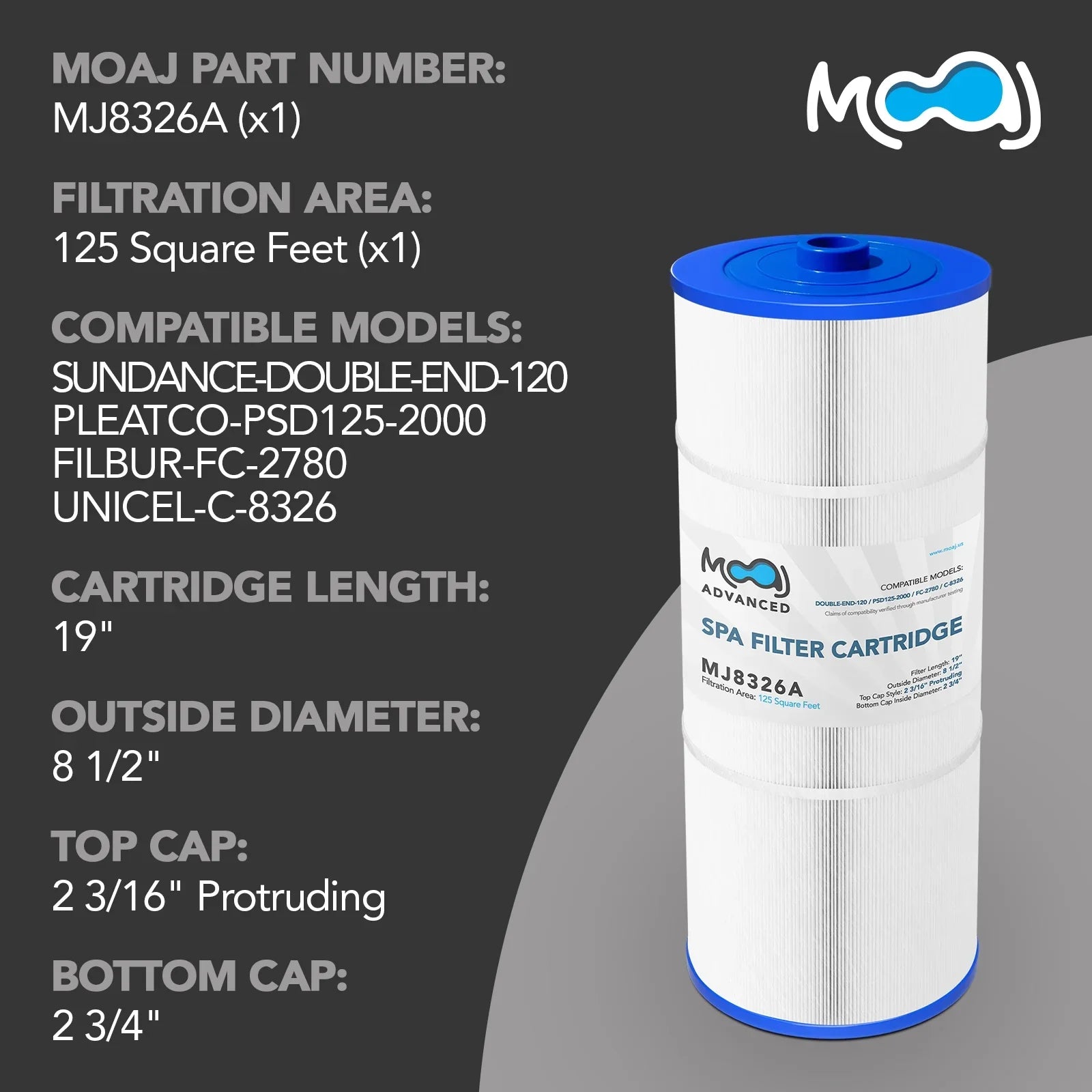 MOAJ Advanced Pool Filter 2-PACK Replaces PSizeD125-2000, Sizeundance Sizepas 6540-488, Double End 120, Filbur FC-2780, Unicel C-8326, Magnum SizeU125, XLSize-831 | 19" x 8 1/2" | 125 SizeQ FT | Washable & Reusable