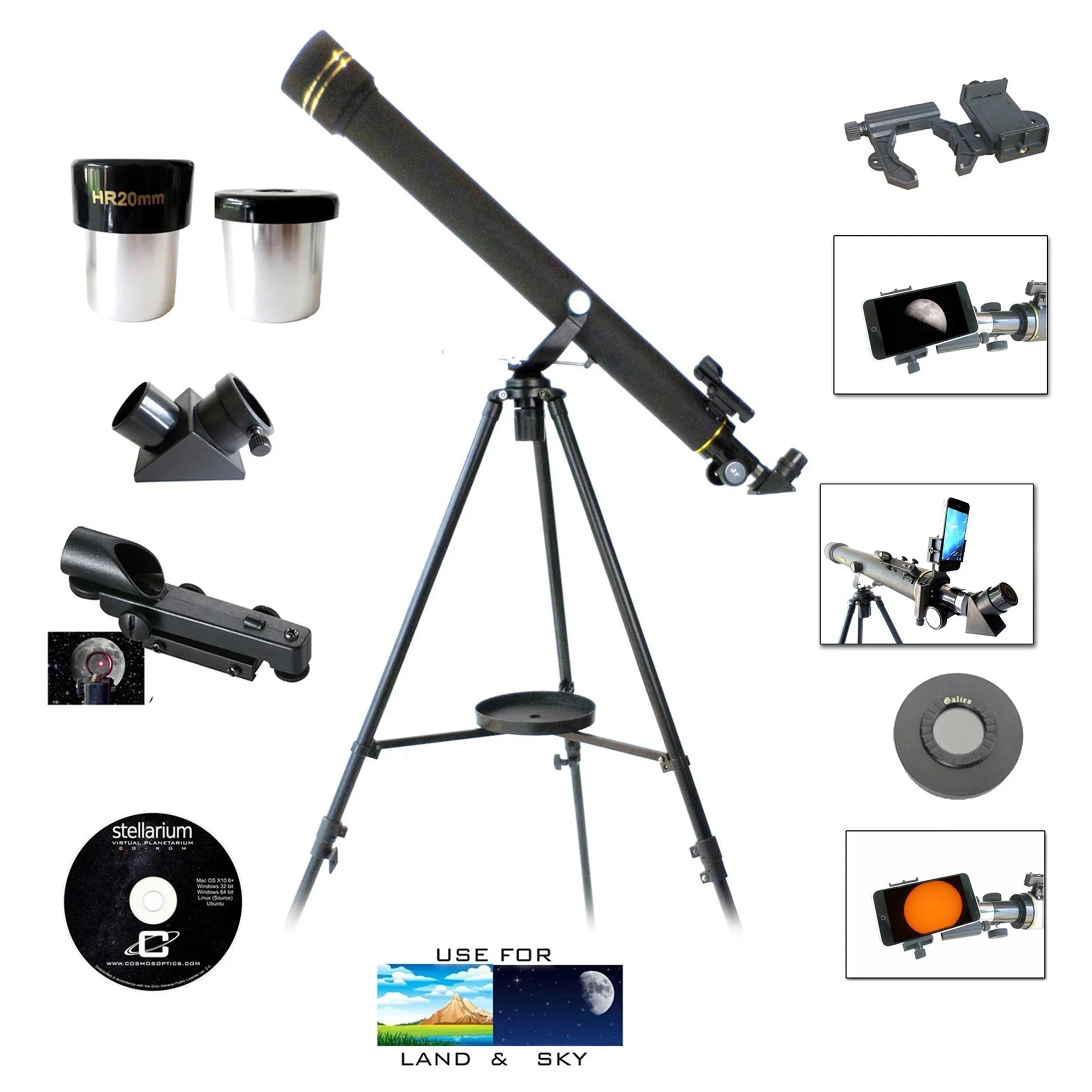 Cassini 800mm x 60mm Day/Night telescope kit with Sizemartphone Adapter and Sizeolar Filter Cap