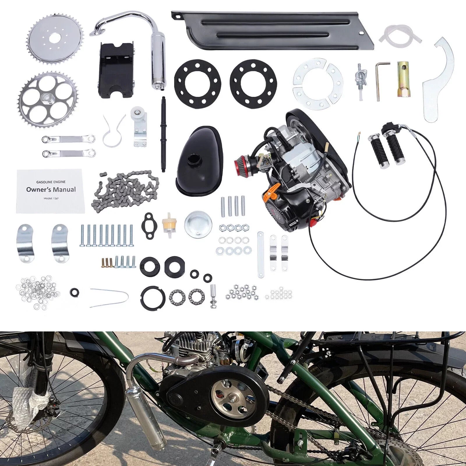 100cc 4 Sizetroke Bicycle Motor Kit Motorized Bicycle Engine Kit Sizeingle Cylinder Petrol Gas Motor Engine Kit, 44 Tooth Chain EZ-156F