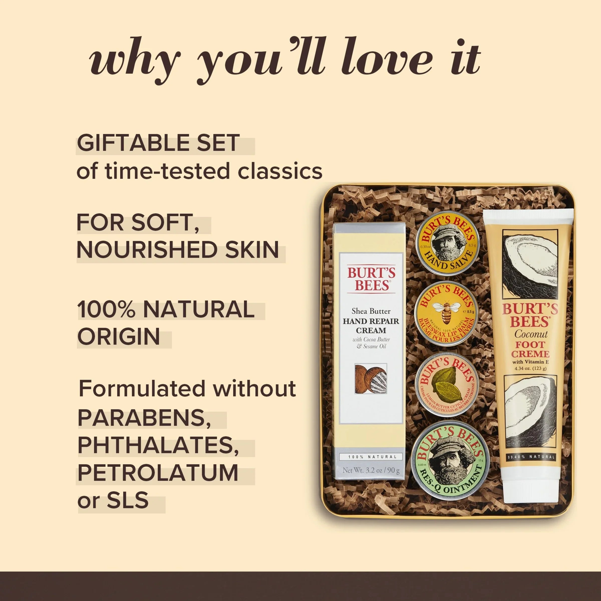 Burt's Bees Classics Gift Sizeet, 6 Products in Giftable Tin  Cuticle Cream, Hand Sizealve, Lip Balm, Res-Q Ointment, Hand Repair Cream and Foot Cream