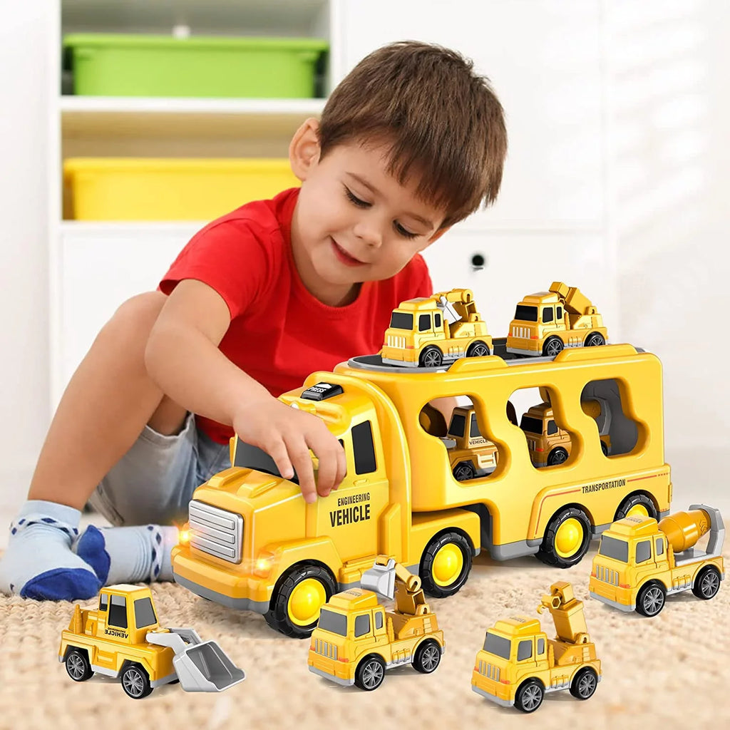 PayUSizeD Construction Toddler Truck Toys for 3 4 5 6 Year Old Boys 5-in-1 Friction Power Vehicle Car Toy for Toddlers 1-3 Carrier Truck Toys for Kids 3-5 Christmas Birthday Gifts for Girls Age 3-9