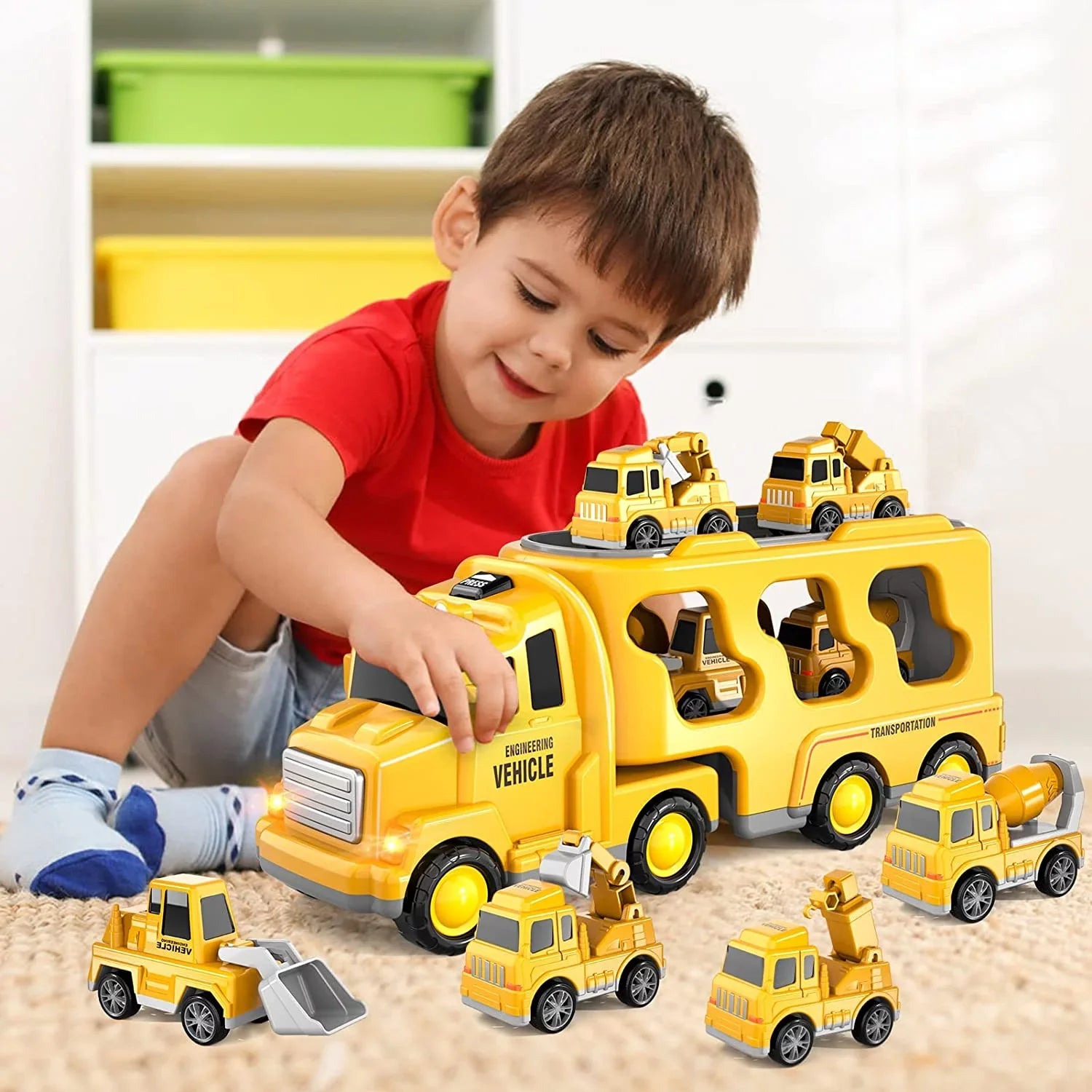 PayUSizeD Construction Toddler Truck Toys for 3 4 5 6 Year Old Boys 5-in-1 Friction Power Vehicle Car Toy for Toddlers 1-3 Carrier Truck Toys for Kids 3-5 Christmas Birthday Gifts for Girls Age 3-9