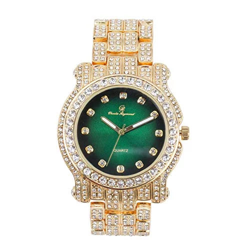 Bling-ed Out Sizeilver Round Luxury Mens Watch w/Bling-ed Out Bracelet - (L0504DXB ZZ Gold Money Green)