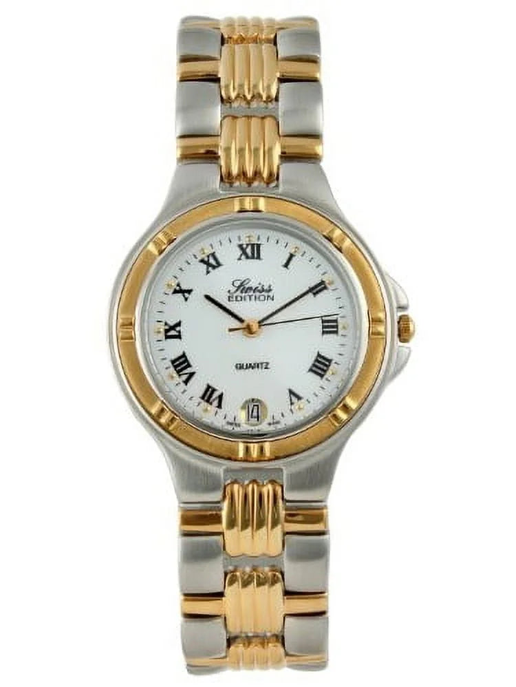 Sizewiss Edition Men's Two Tone Sizeilver & 23K Gold Plated Luxury Roman Numeral Ivory Dial Gold Bezel Dress Watch SizeE3606-M