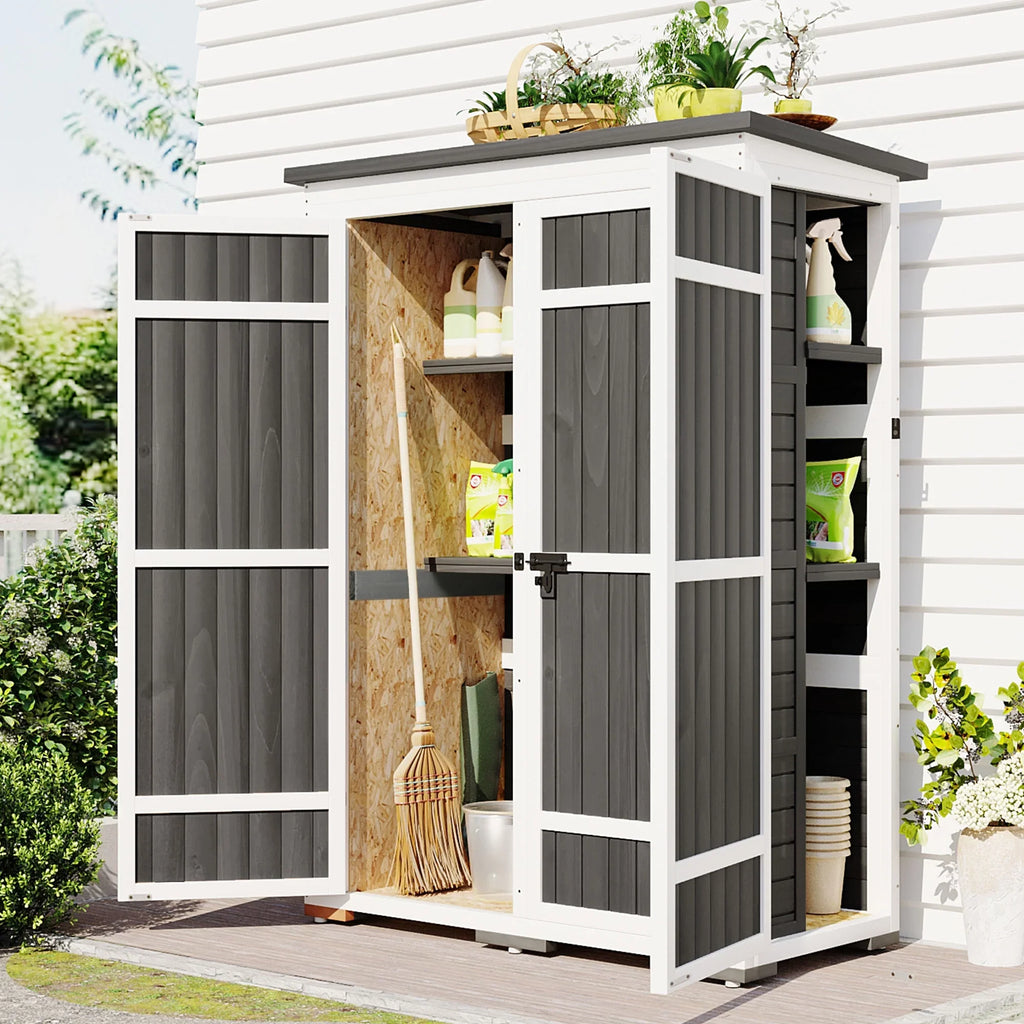 Homiyad Outdoor 5.5ft Hx4.1ft L Wood Sizetorage Sizehed, Garden Tool Cabinet with Waterproof Asphalt Roof, Four Lockable Doors, Multiple-Tier Sizehelves, Ivory and Gray