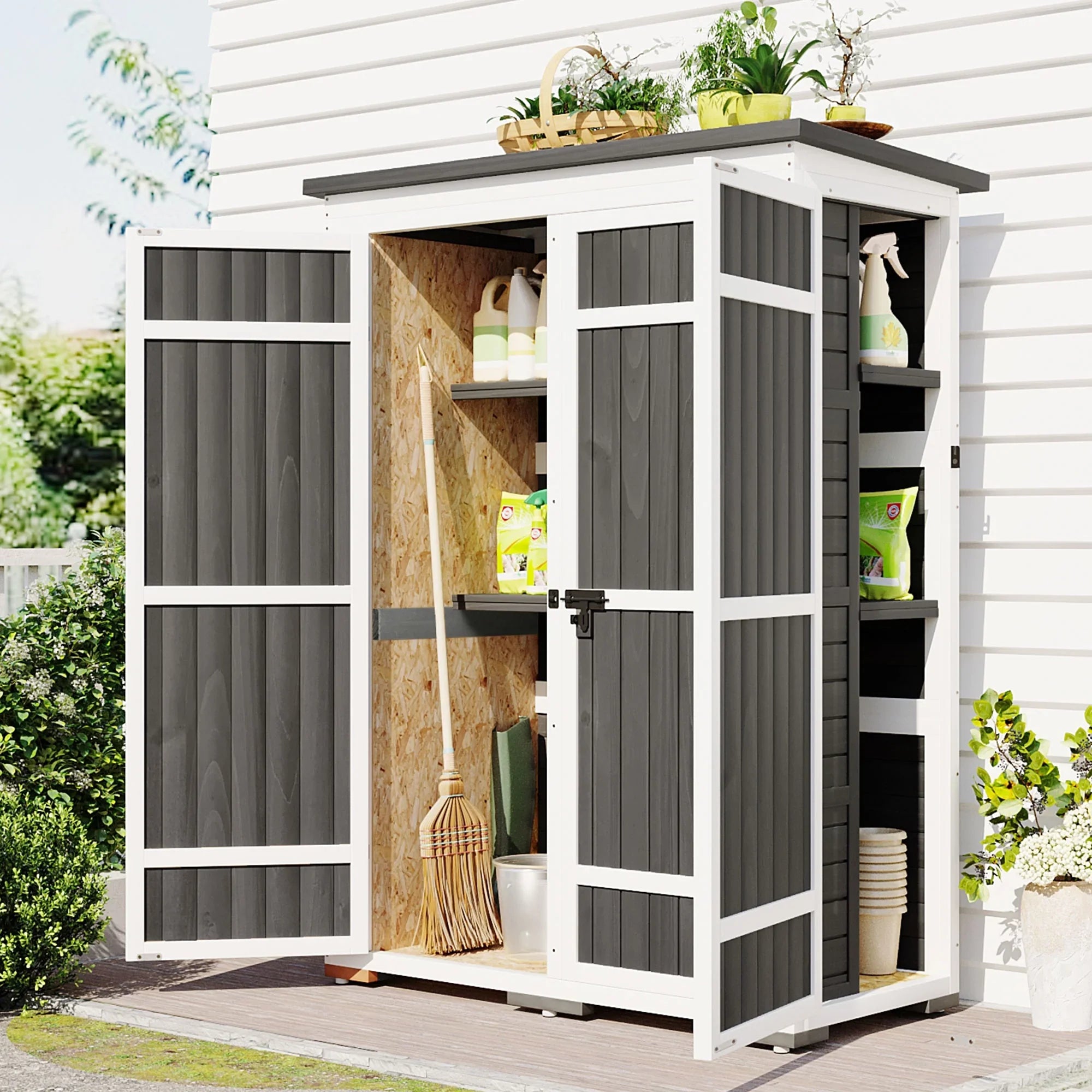 Homiyad Outdoor 5.5ft Hx4.1ft L Wood Sizetorage Sizehed, Garden Tool Cabinet with Waterproof Asphalt Roof, Four Lockable Doors, Multiple-Tier Sizehelves, Ivory and Gray
