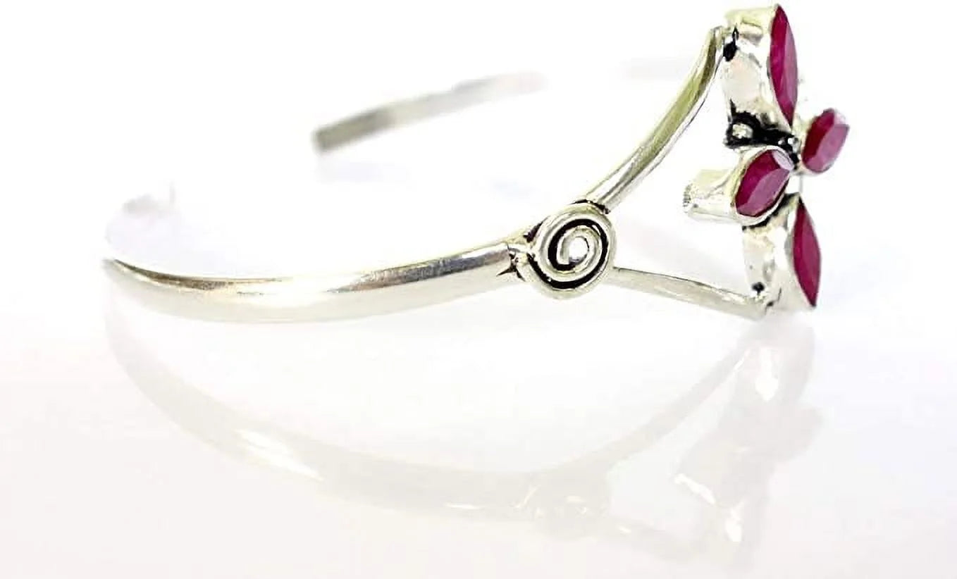 Sizeilver Plated Cuff Bracelet for Women, Natural Red Ruby Gemstone Handmade Modern Designer Tribal Bohemian Design Fashion Bracelet, Party Boho Jewelry