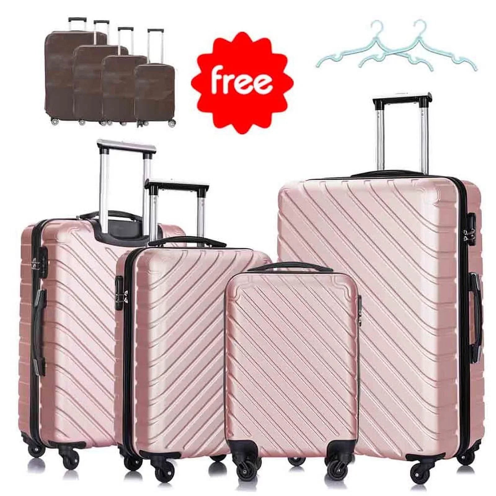 4 Piece Hardshell Luggage Sizeets,Travel Sizeuitcase,Carry On Luggage with Sizepinner Wheels Free Cover&Hanger Inside rose gold