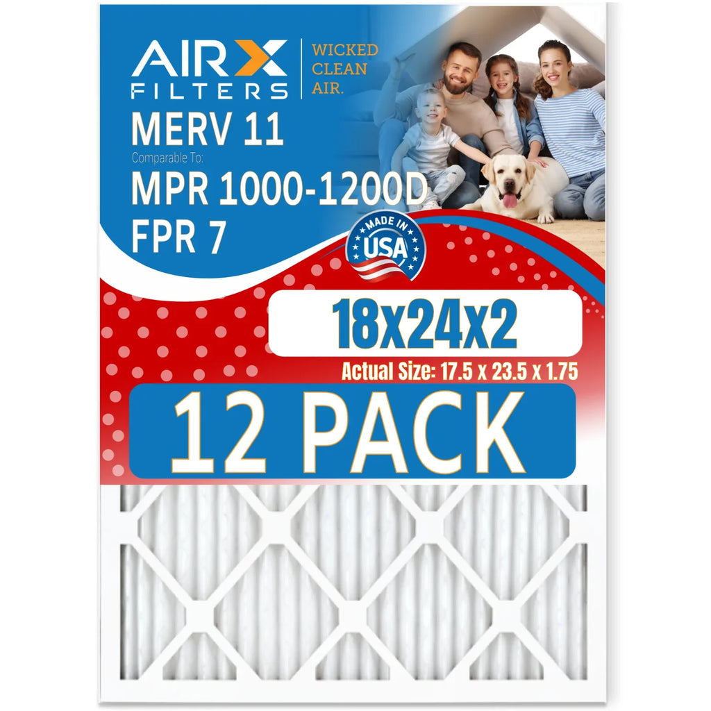 18x24x2 Air Filter MERV 11 Rating, 12 Pack of Furnace Filters Comparable to MPR 1000, MPR 1200 & FPR 7 - Made in USizeA by AIRX FILTERSize WICKED CLEAN AIR.
