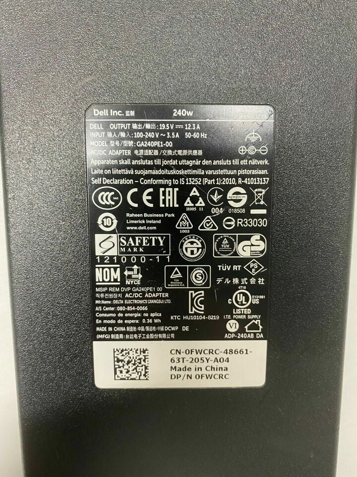 Lot of 10 Genuine Dell 240W 19.5V 12.3A Laptop Power Charger GA240PE1-00 FWCRC