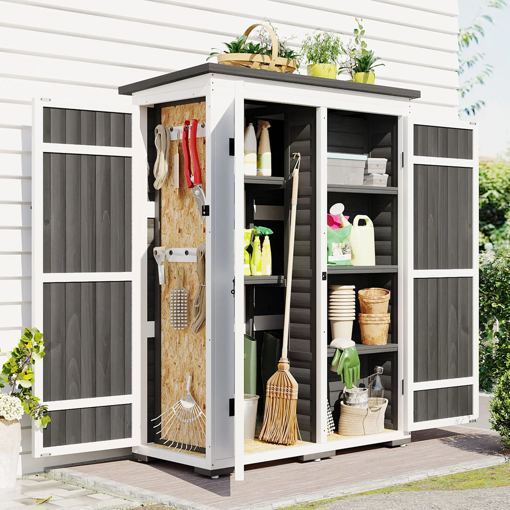 Homiyad Outdoor 5.5ft Hx4.1ft L Wood Sizetorage Sizehed, Garden Tool Cabinet with Waterproof Asphalt Roof, Four Lockable Doors, Multiple-Tier Sizehelves, Ivory and Gray