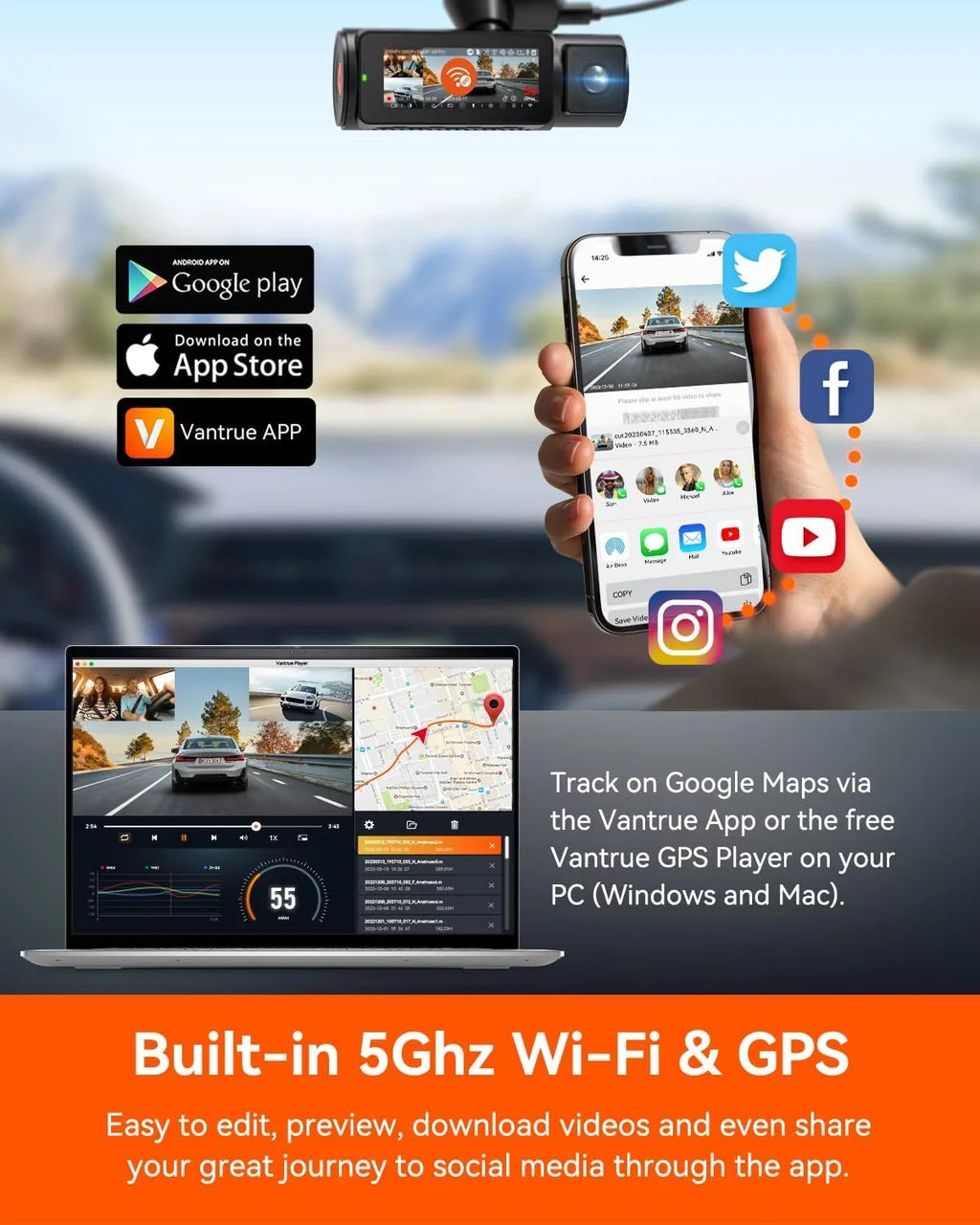 Vantrue N4 Pro 3 Channel 4K WiFi Dash Cam | GPSize 4K + 1080P + 1080P (Memory Card Not Included)