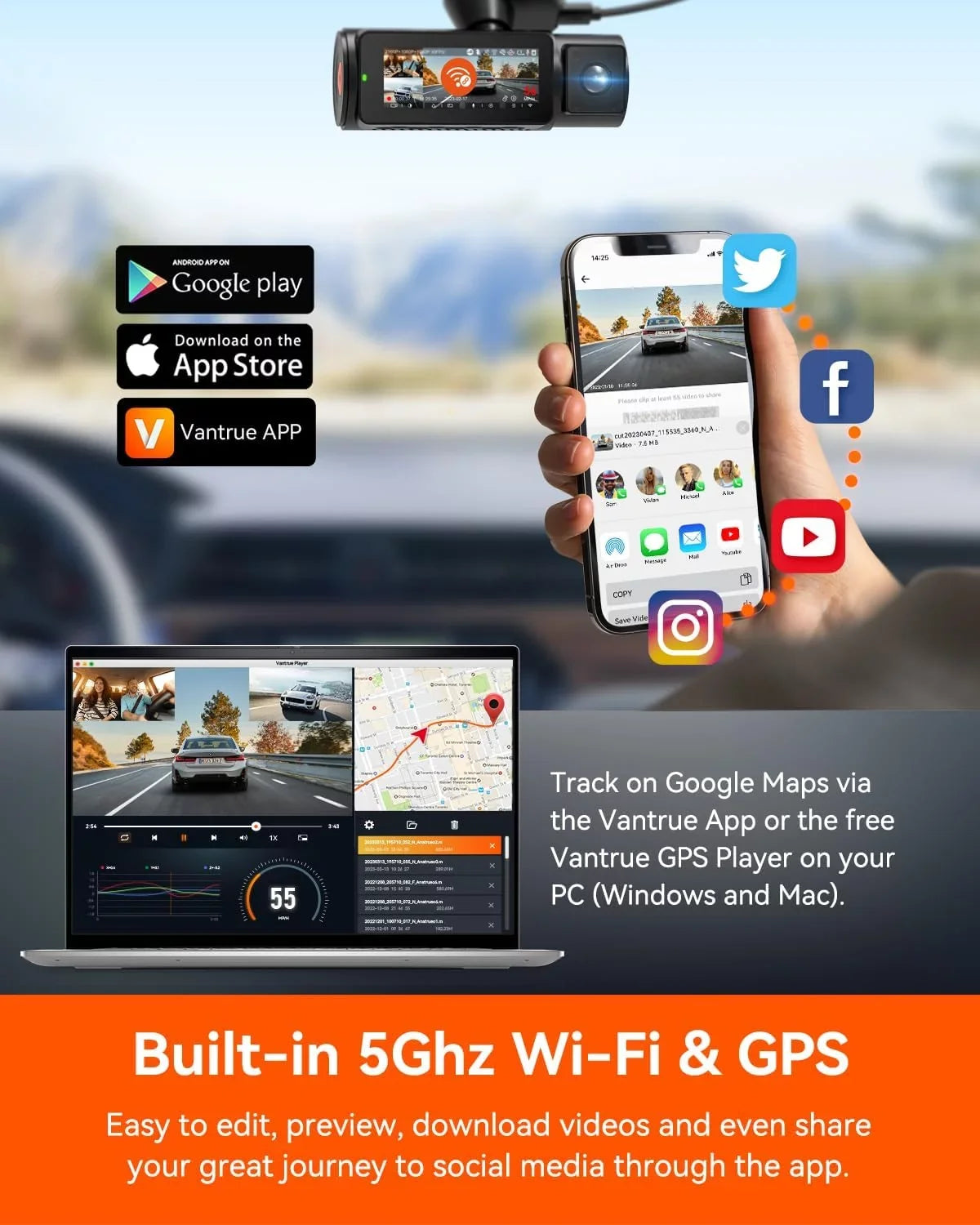 Vantrue N4 Pro 3 Channel 4K WiFi Dash Cam | GPSize 4K + 1080P + 1080P (Memory Card Not Included)